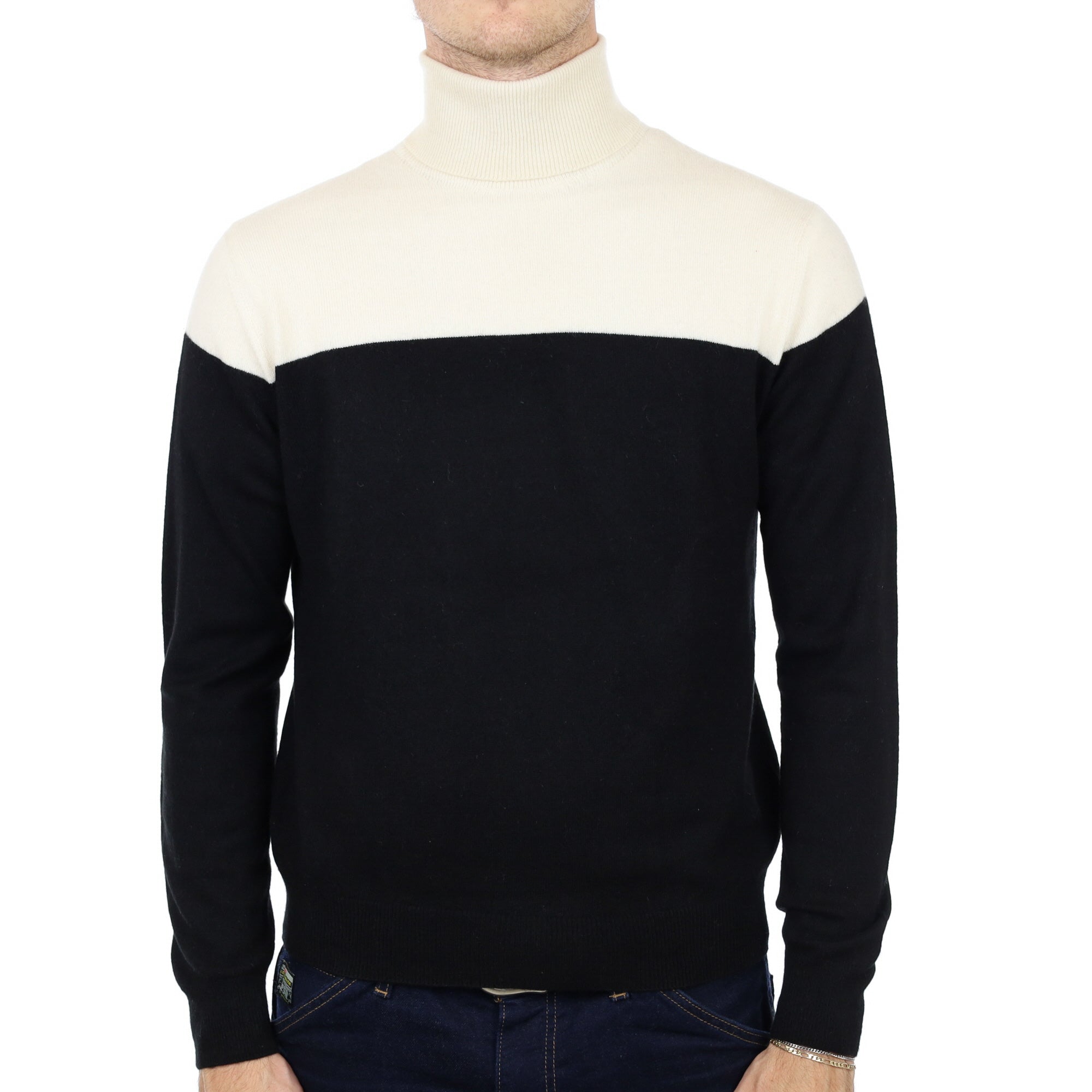 Men's Black and Cream Cashmere Polo Neck Jumper Medium