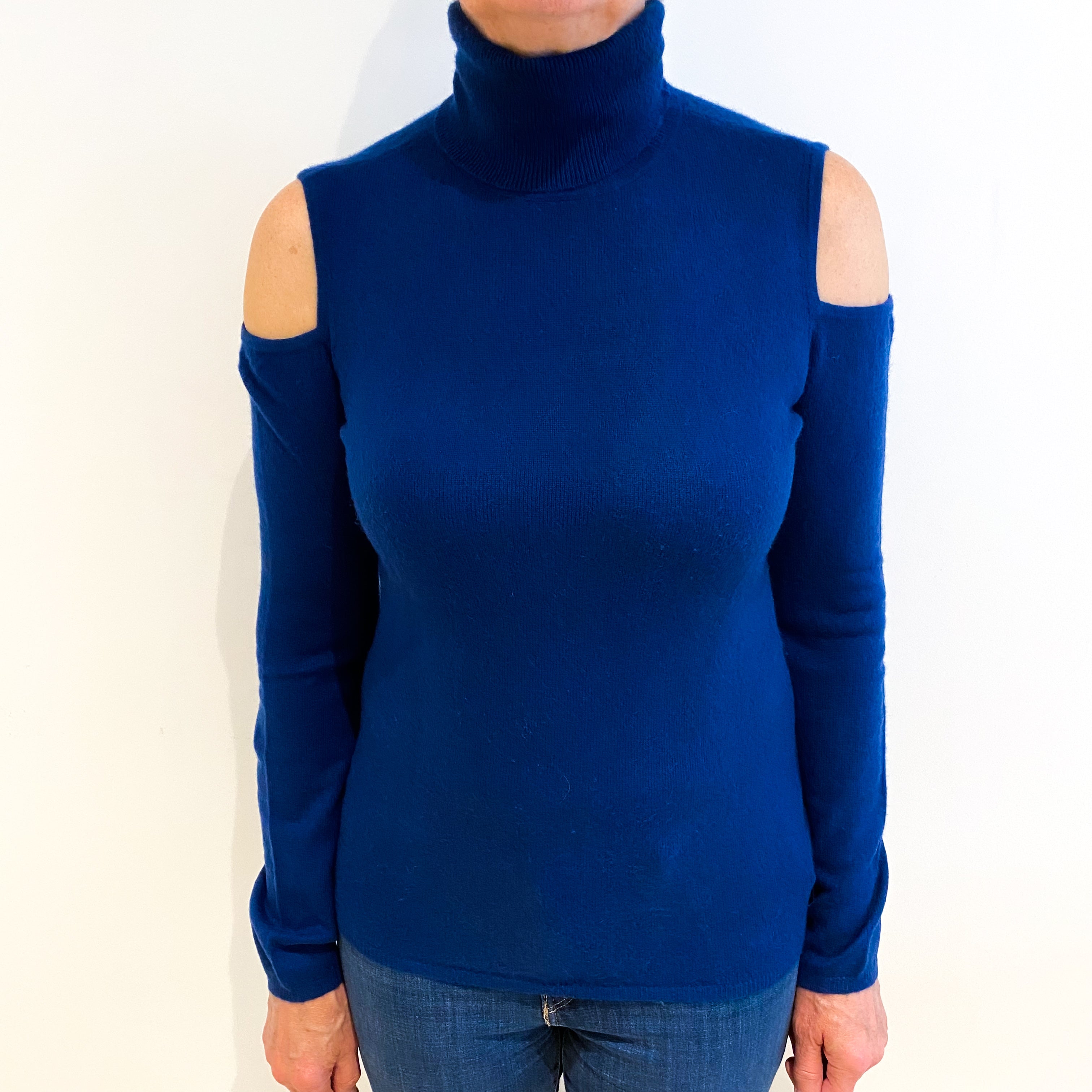 French Navy Cashmere Polo Neck Open Shoulder Jumper Medium