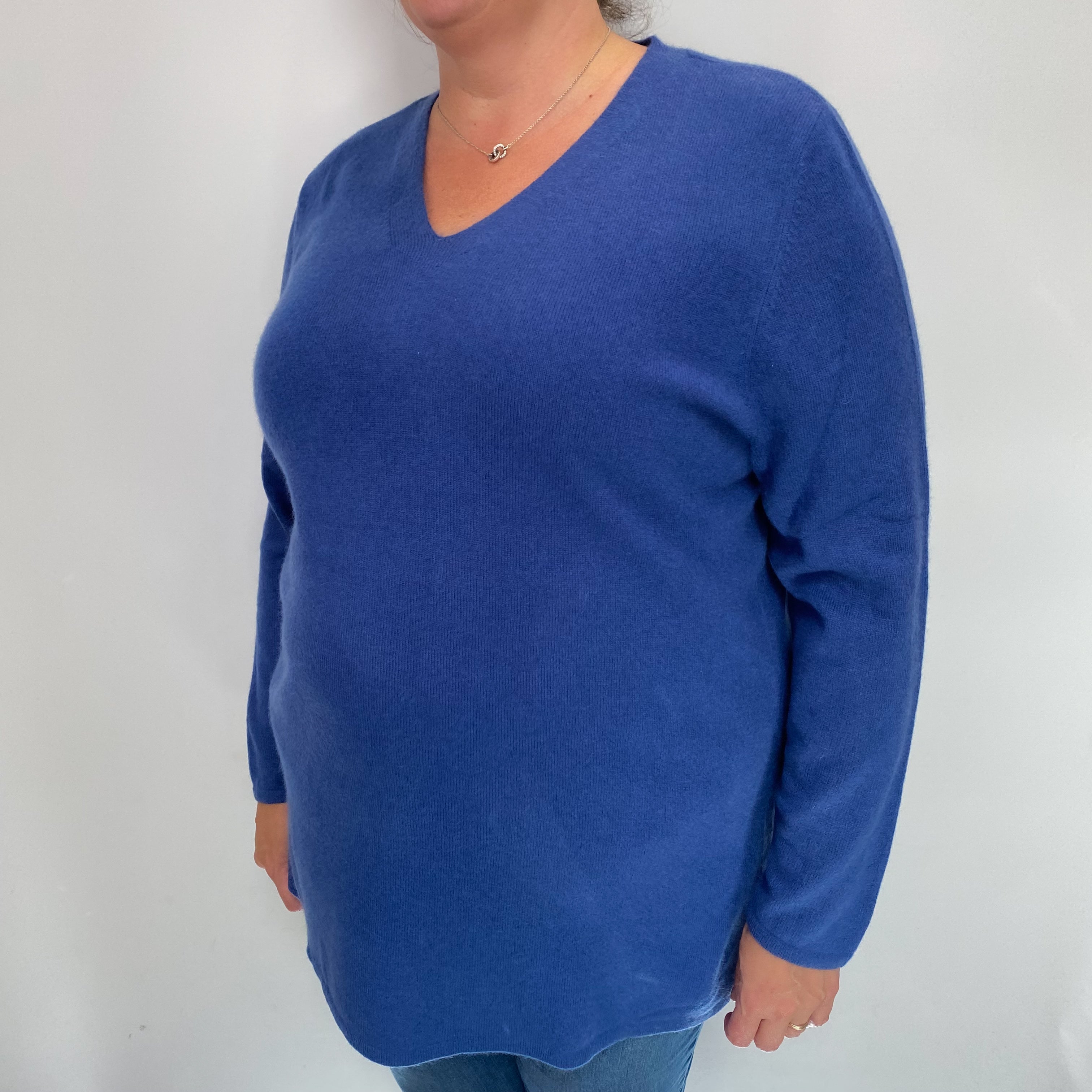 Deep Air Force Blue Cashmere V Neck Jumper Extra Large