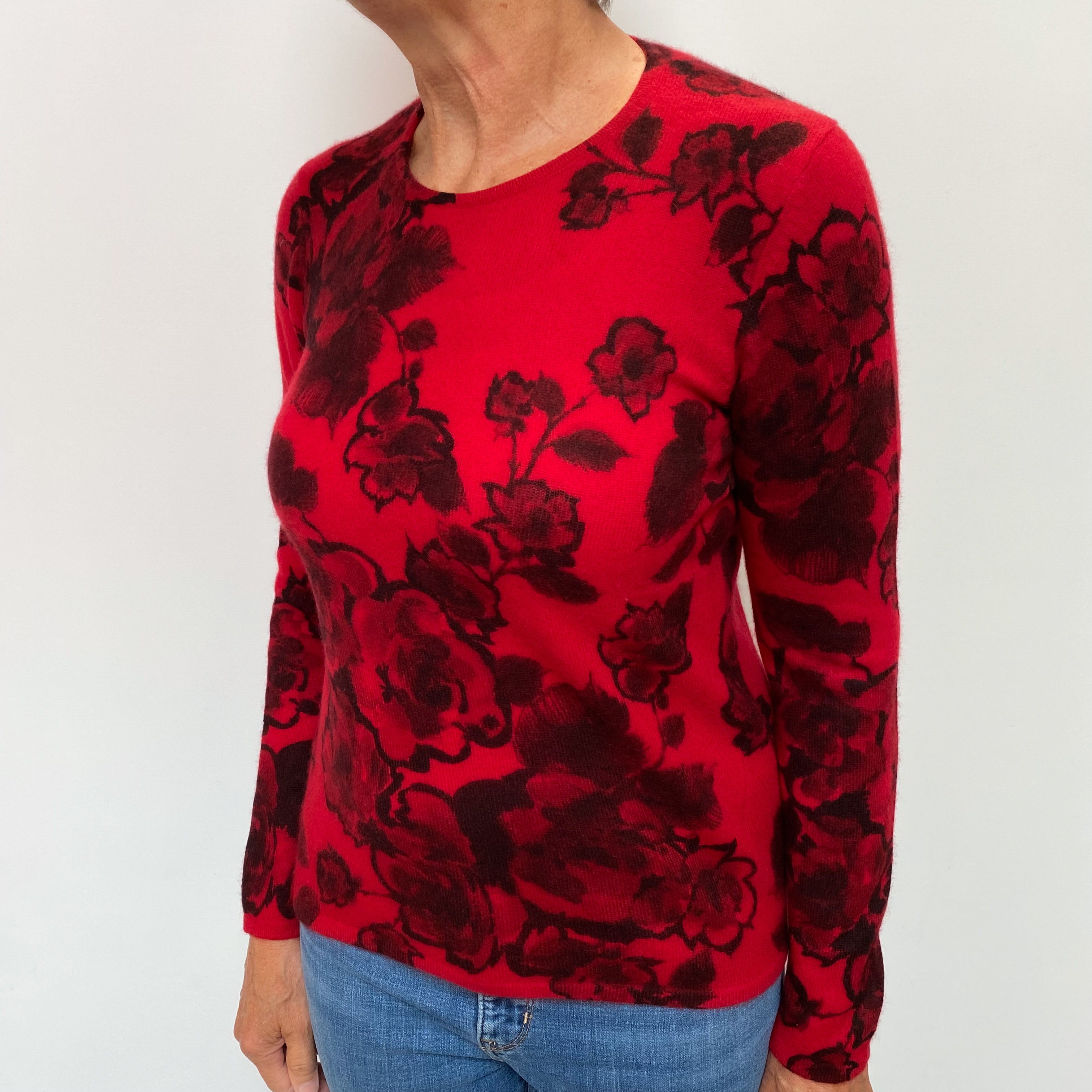 Scarlet Red Patterned Cashmere Crew Neck Jumper Medium