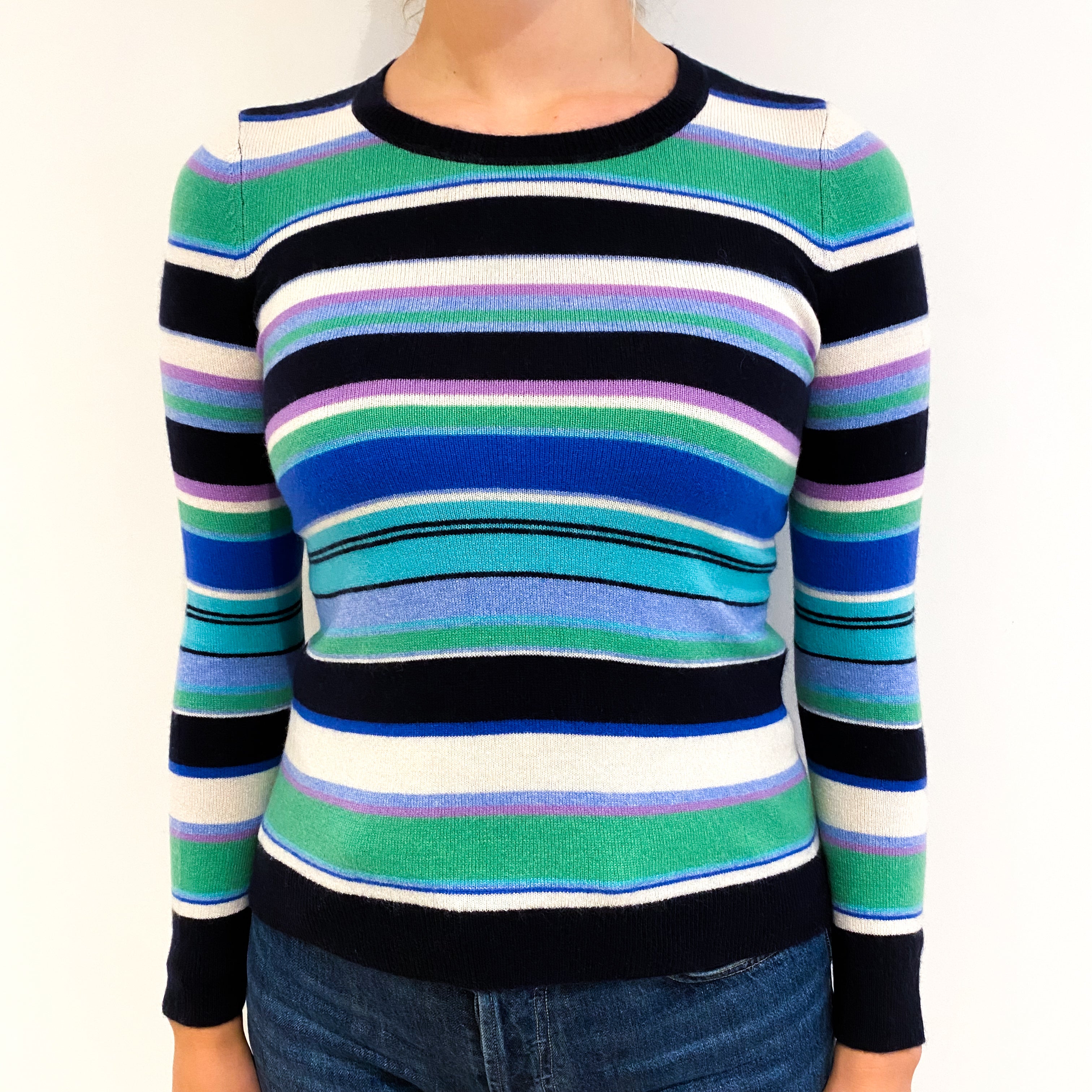 Blue Navy and Green Stripe Cashmere Crew Neck Jumper Small