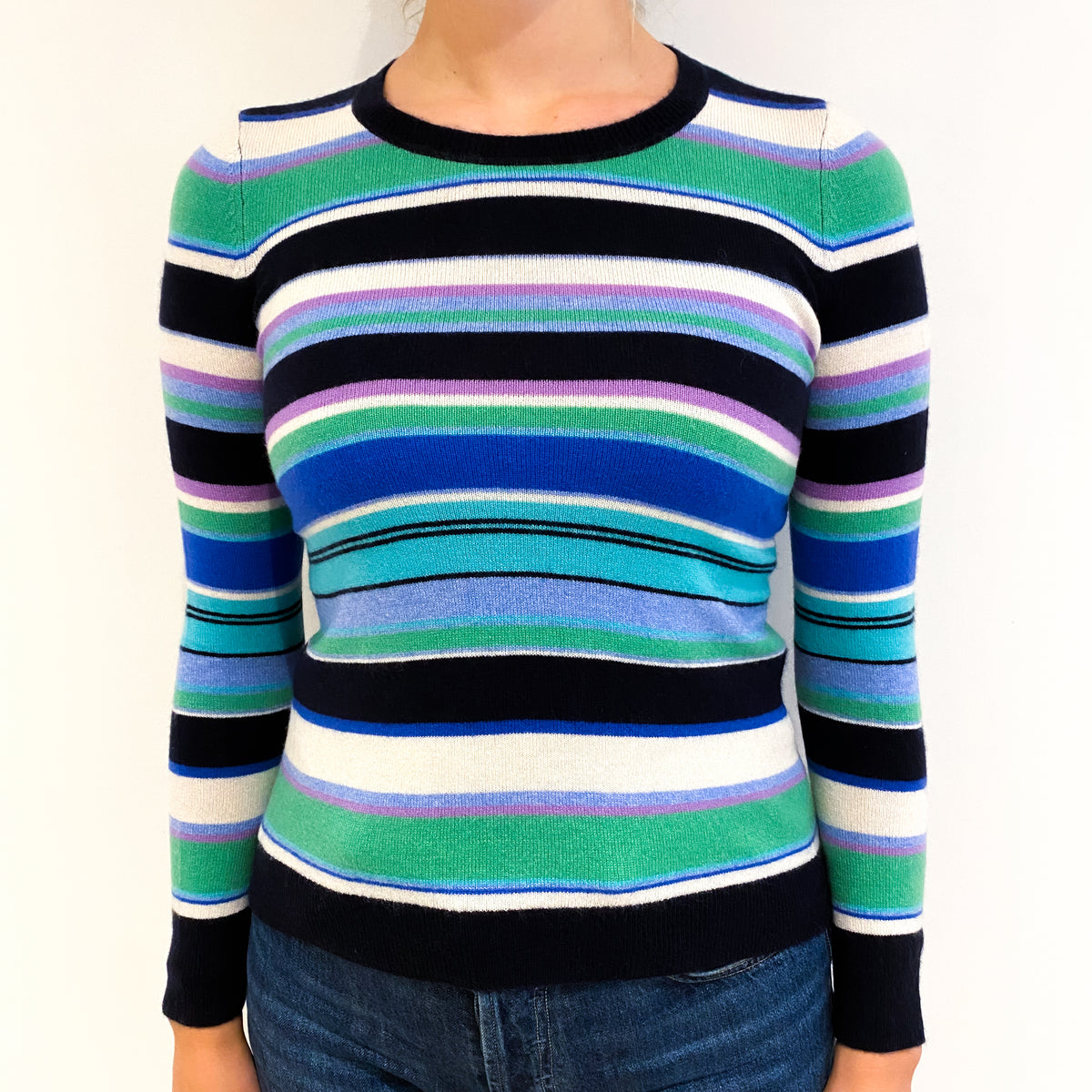 Blue Navy and Green Stripe Cashmere Crew Neck Jumper Small