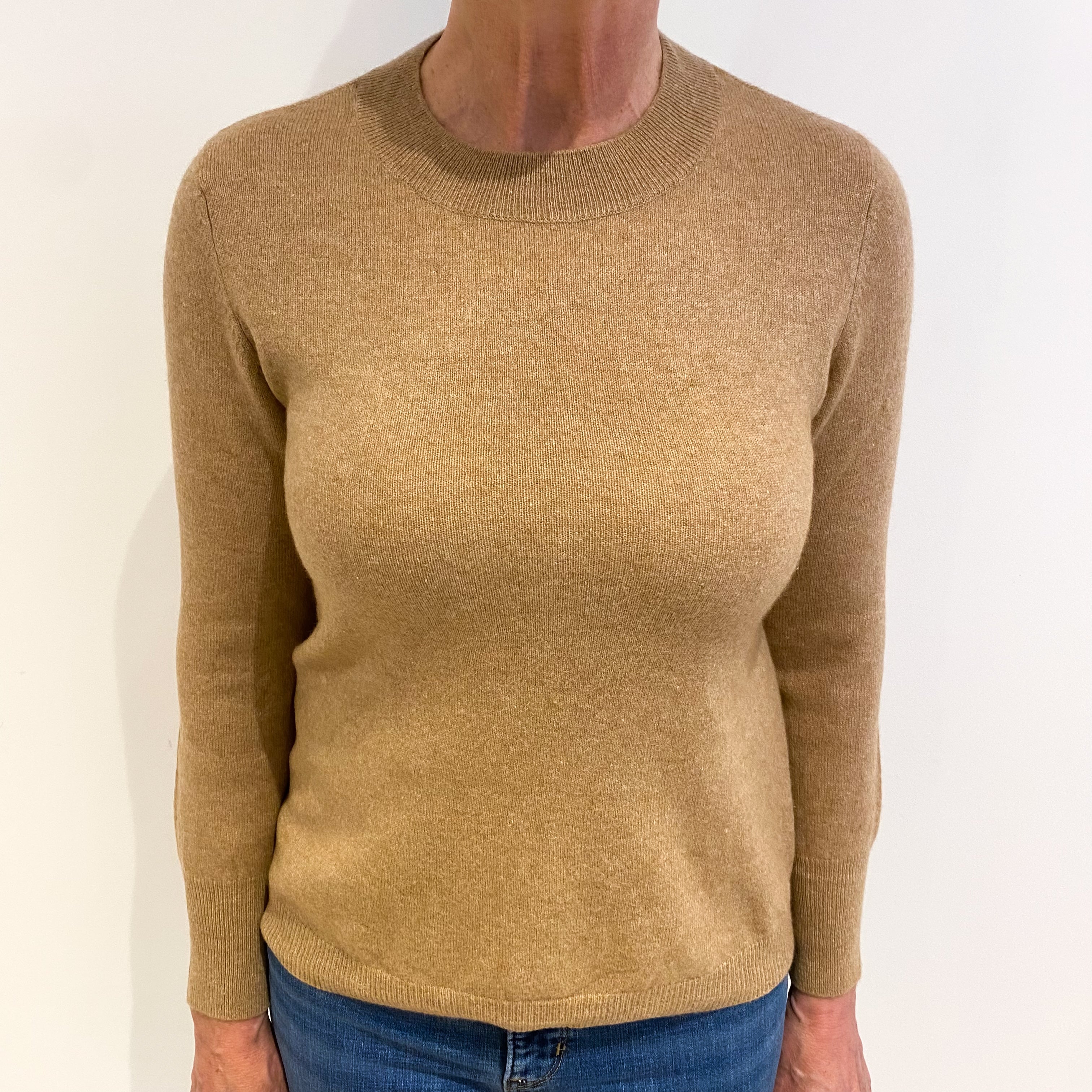 Camel Brown Cashmere Crew Neck Jumper Medium