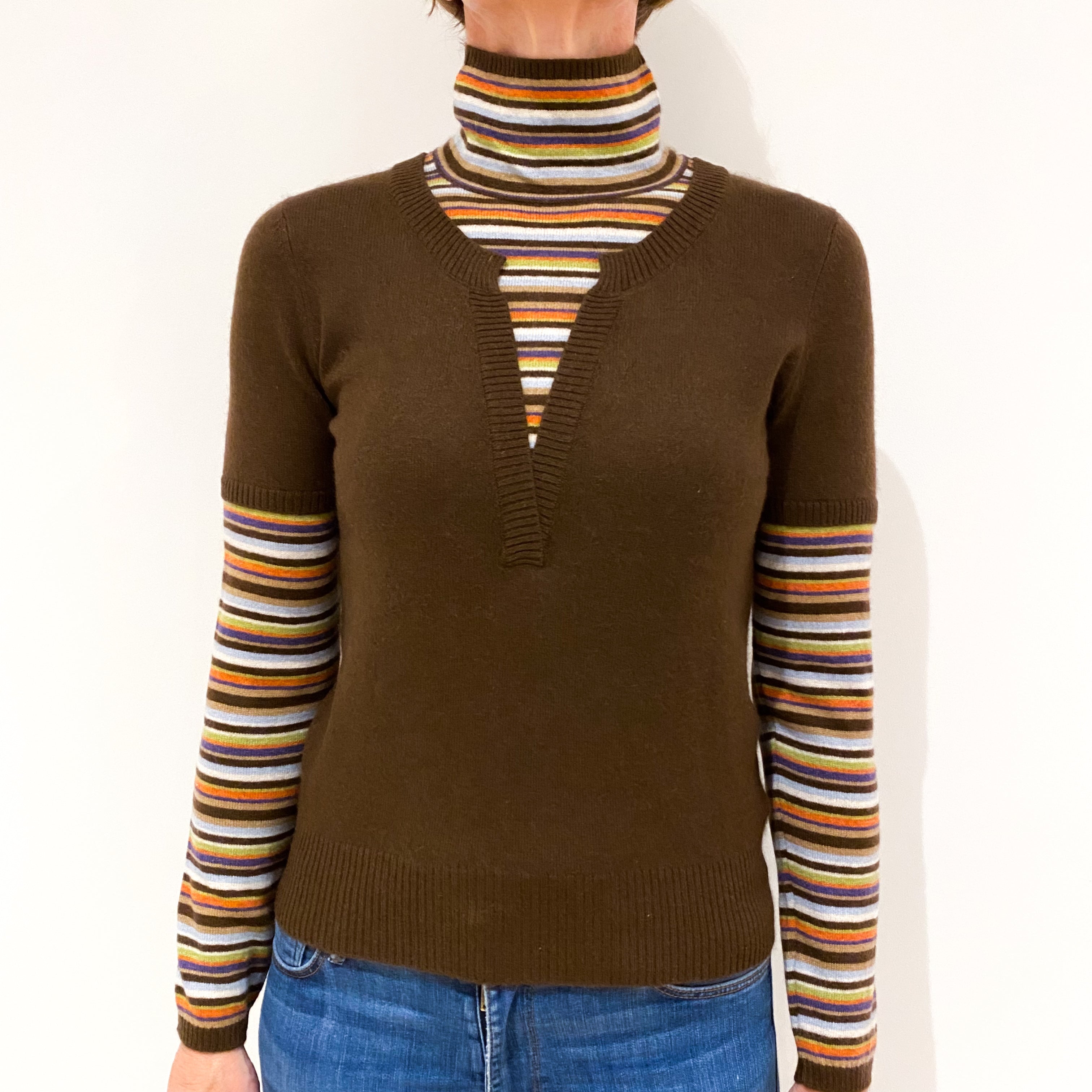 Striped Cashmere Polo Neck Jumper with Chocolate Brown Top Small