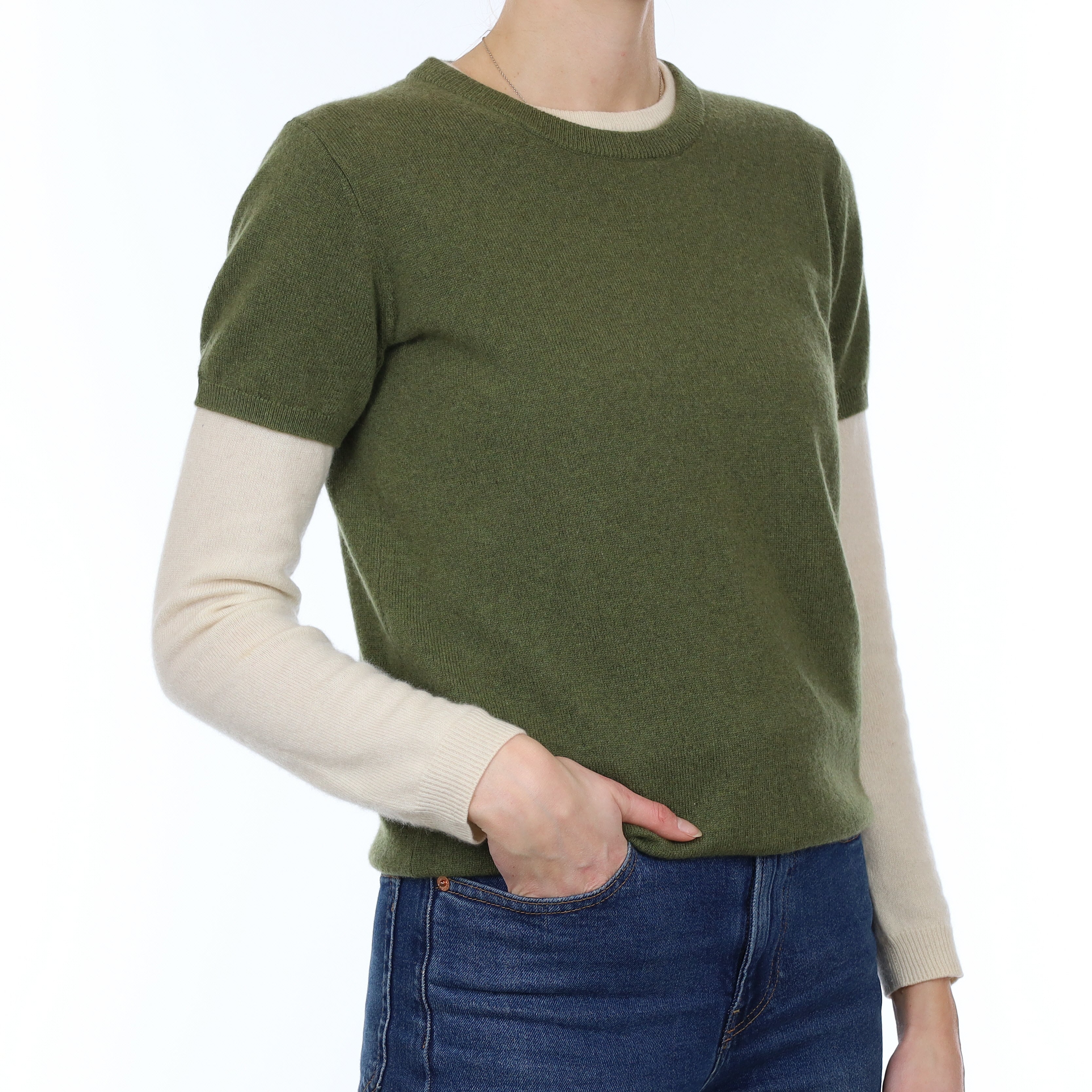 Brand New Olive Green Cashmere Crew Neck T-Shirt Small UK 8-10