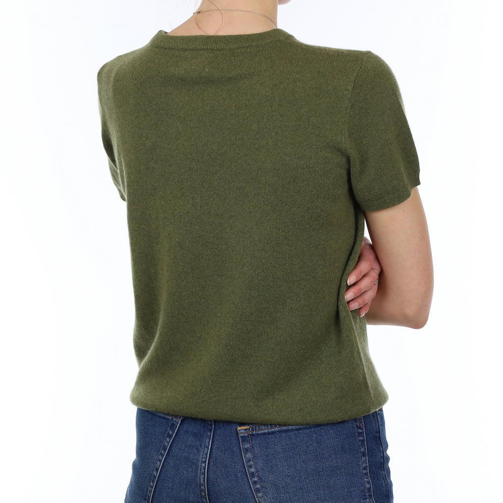 Brand New Olive Green Cashmere Crew Neck T-Shirt Small UK 8-10