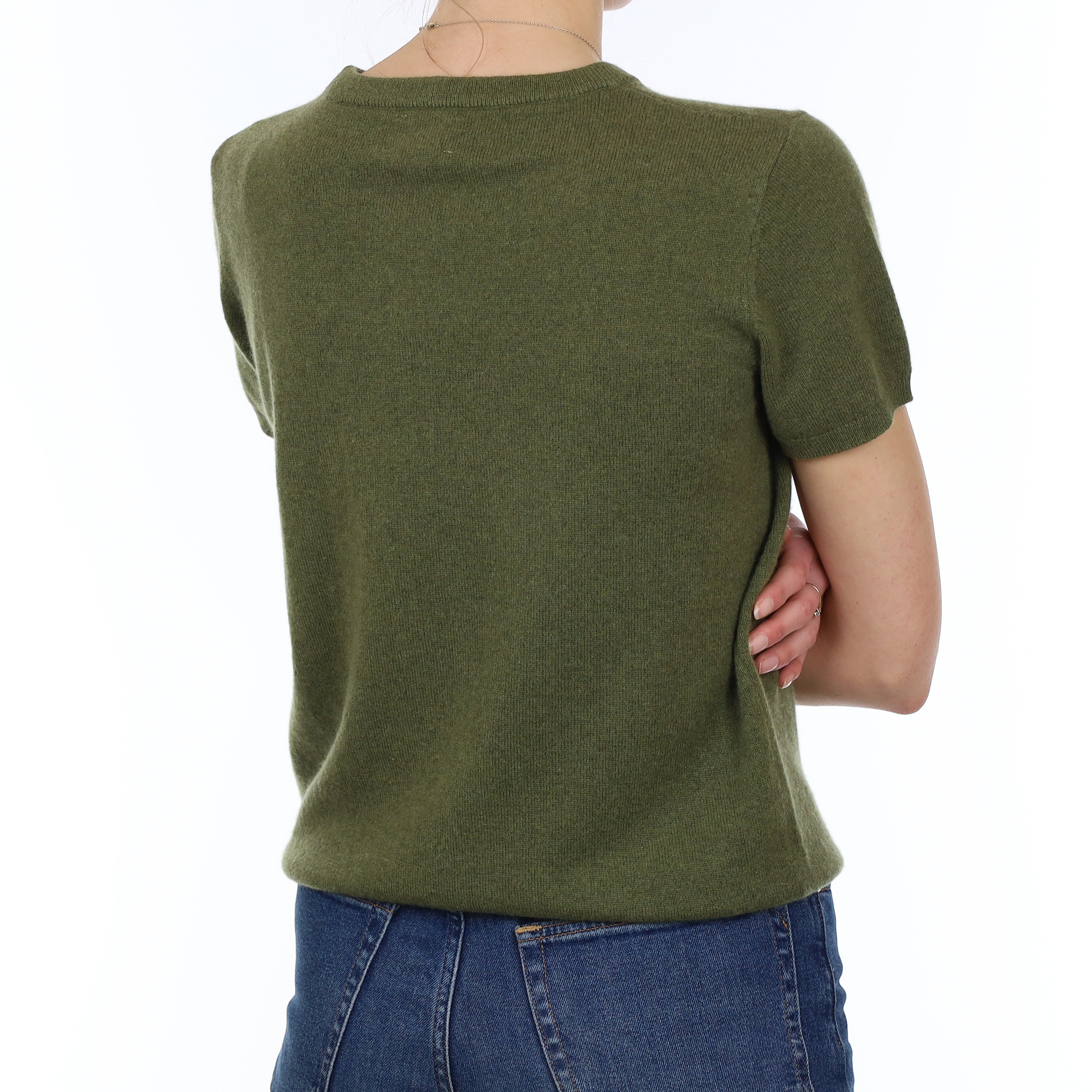 Brand New Olive Green Cashmere Crew Neck T-Shirt Small UK 8-10