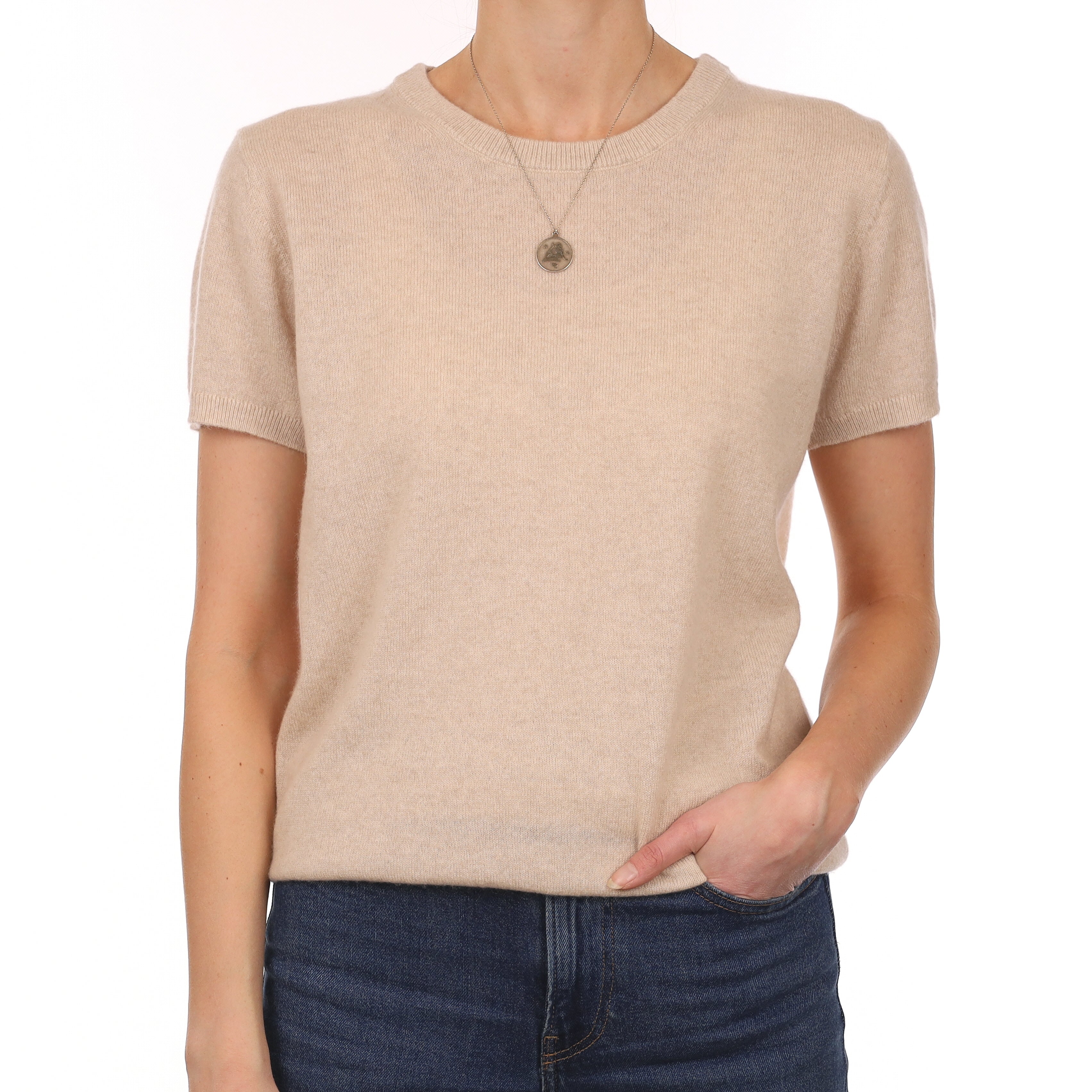 Brand New Sand Beige Cashmere Crew Neck T-Shirt Small UK 8-10