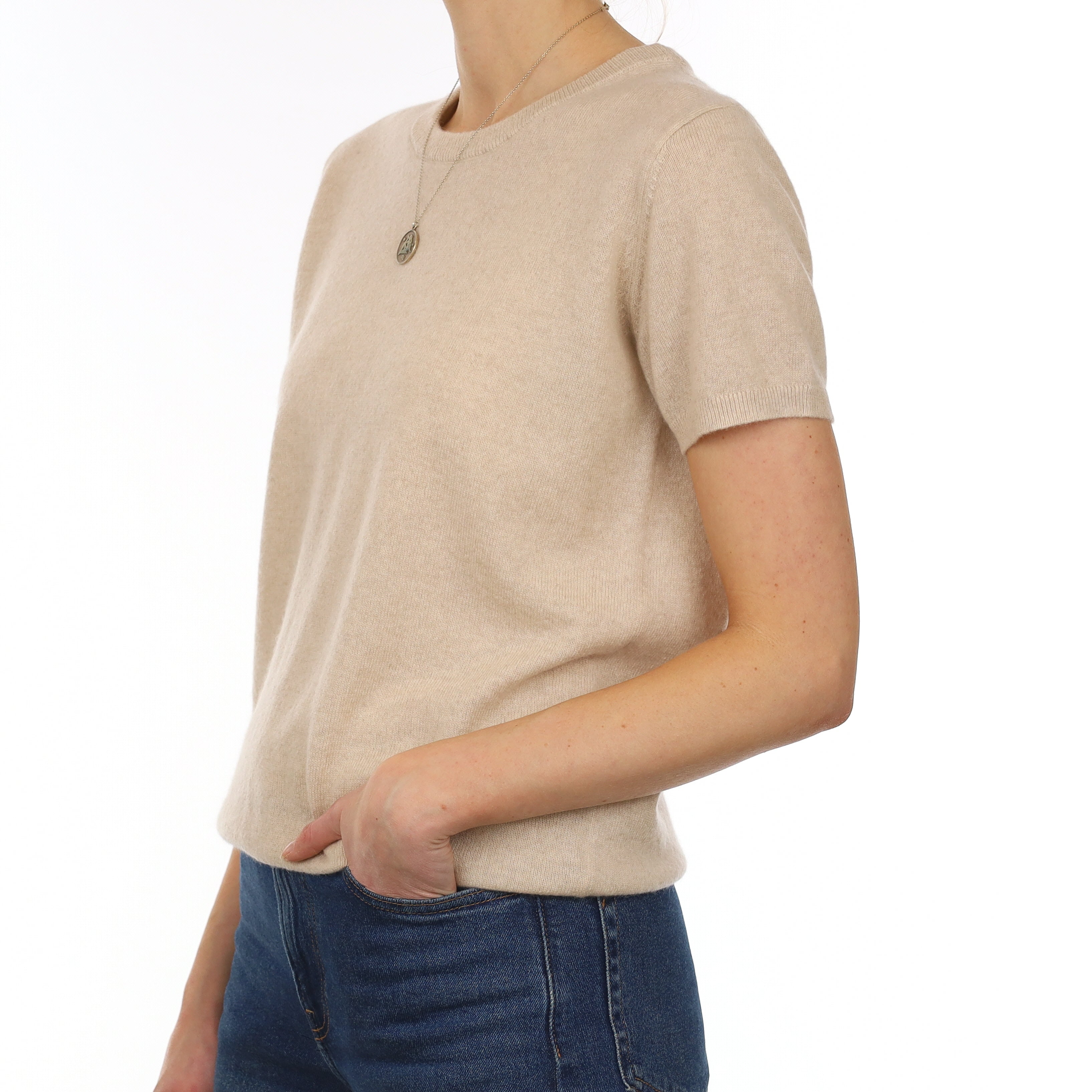 Brand New Sand Beige Cashmere Crew Neck T-Shirt Small UK 8-10