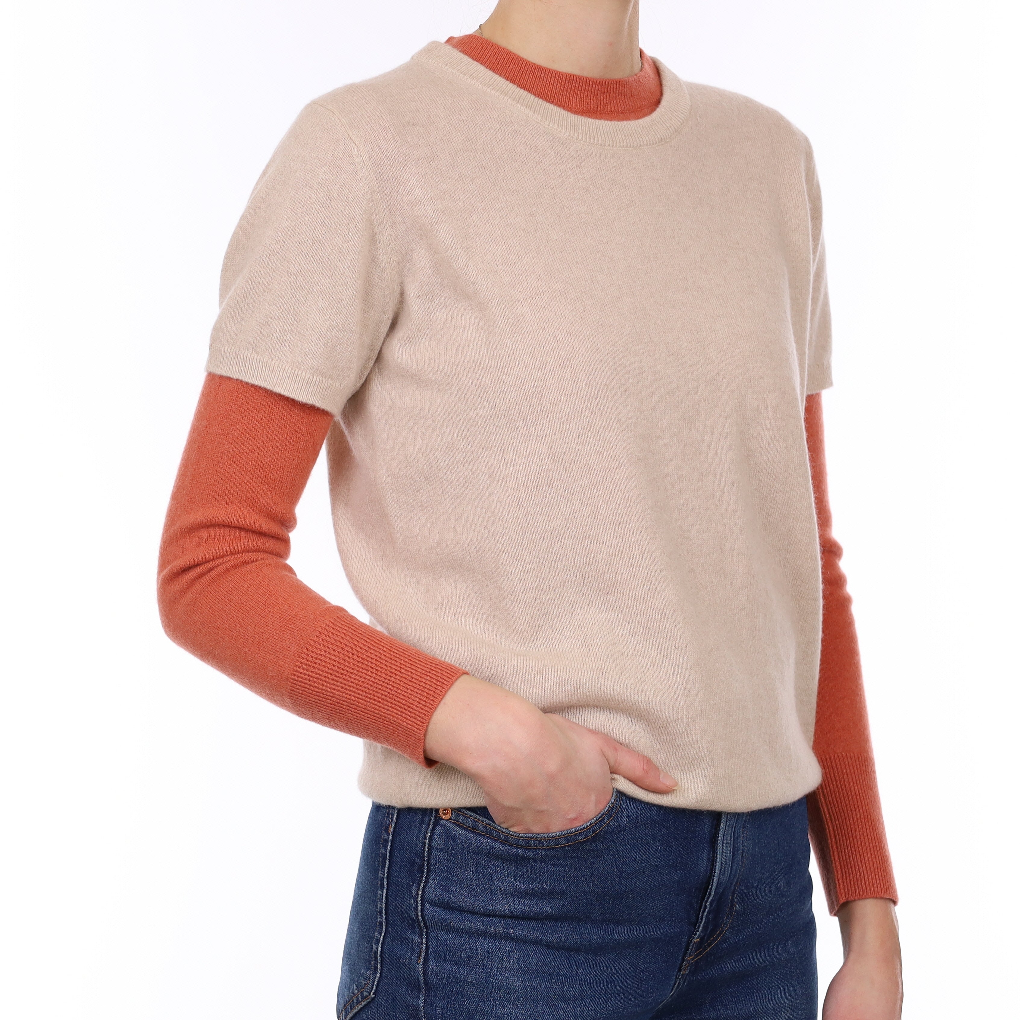 Brand New Sand Beige Cashmere Crew Neck T-Shirt Small UK 8-10