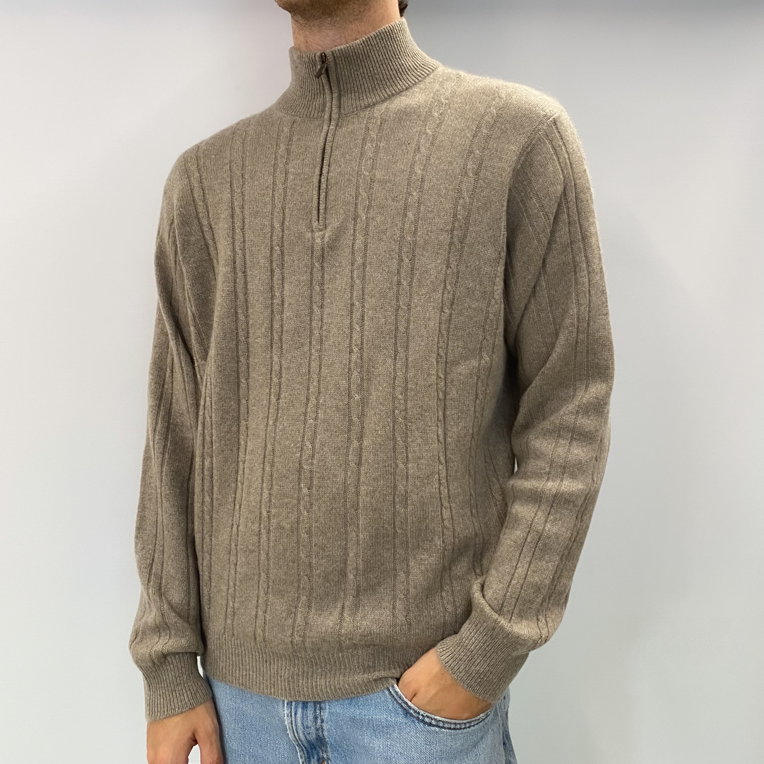 Men's Taupe Beige Cashmere Turtle Neck Jumper Large