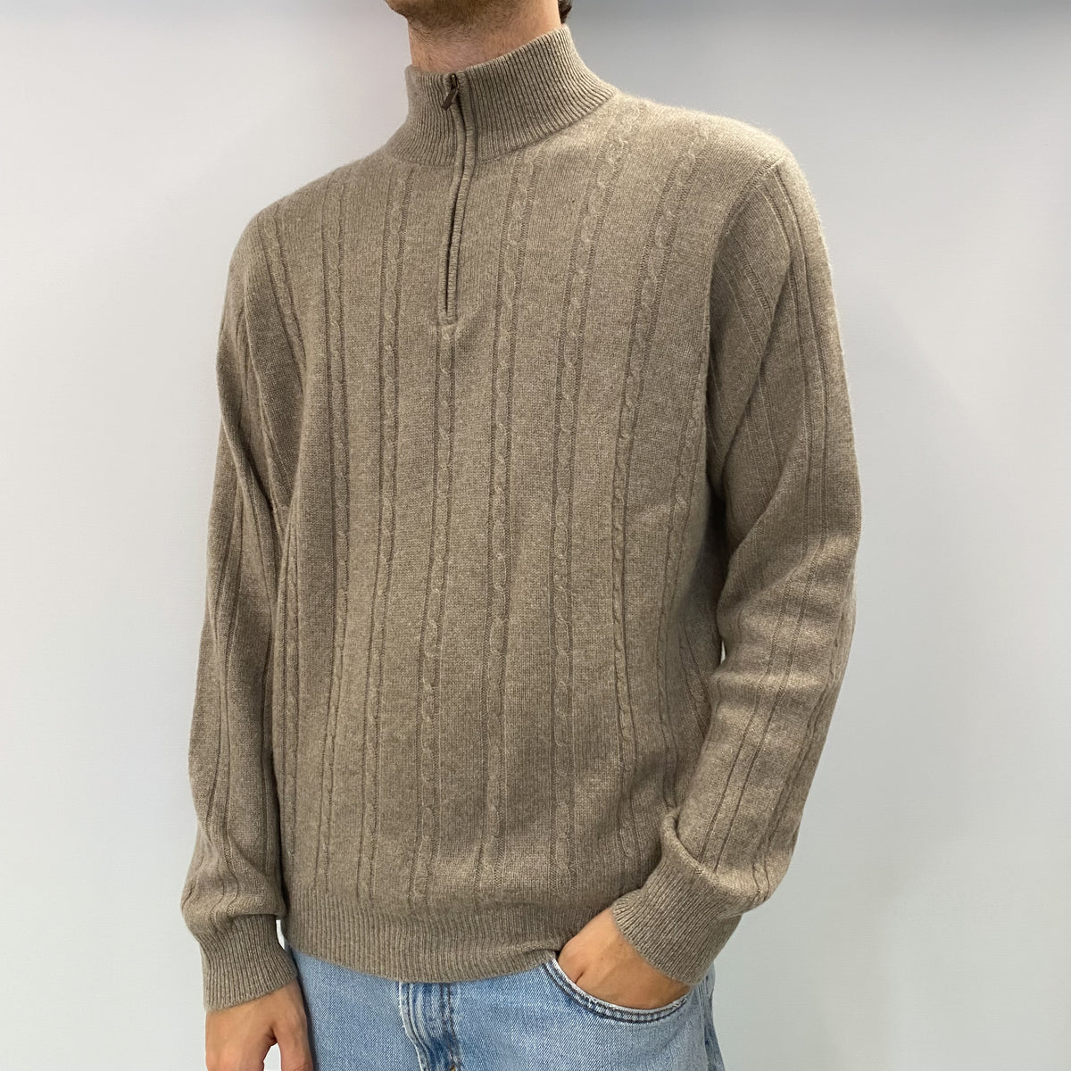 Men's Taupe Beige Cashmere Turtle Neck Jumper Large