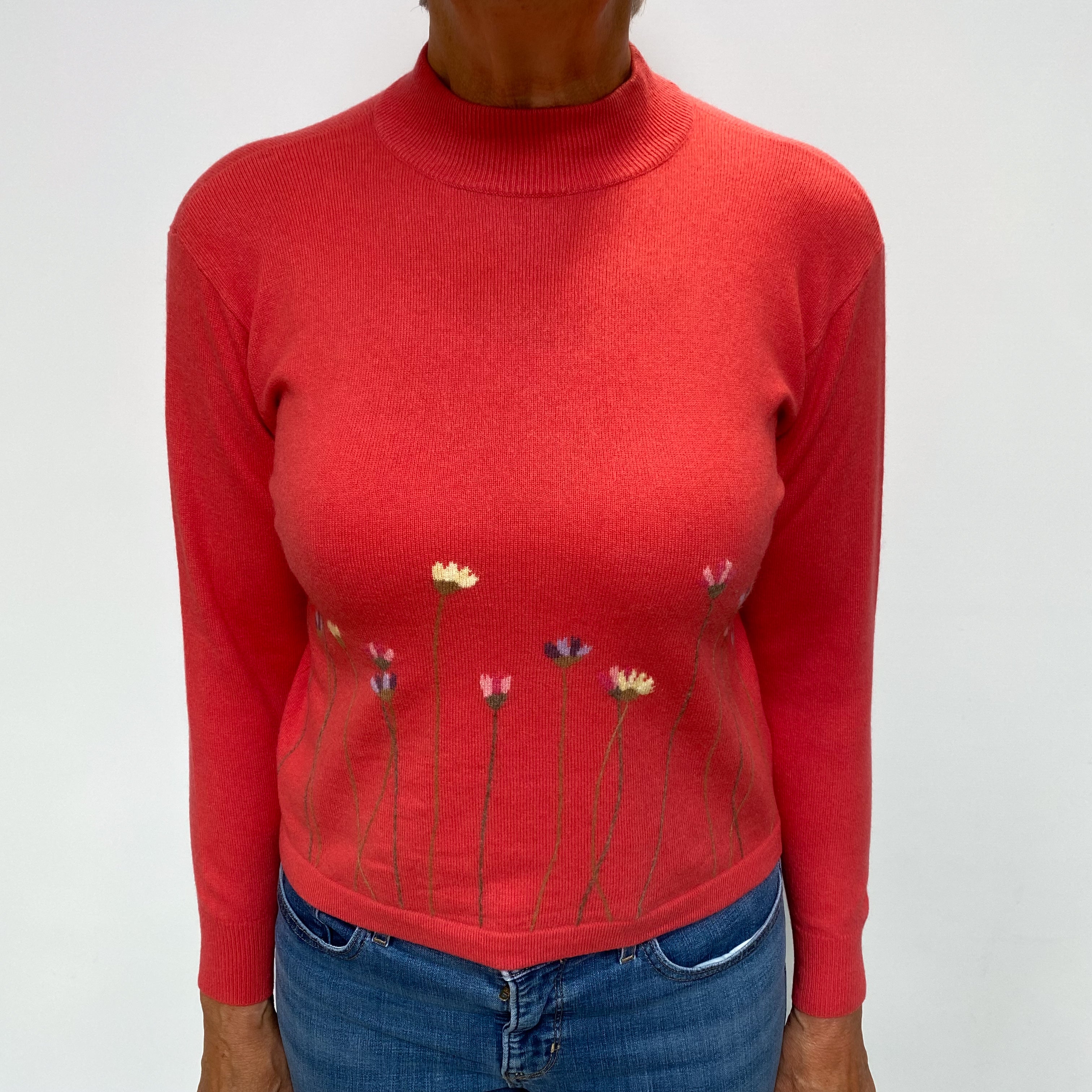 Deep Coral Orange Cashmere Turtle Neck Jumper Medium
