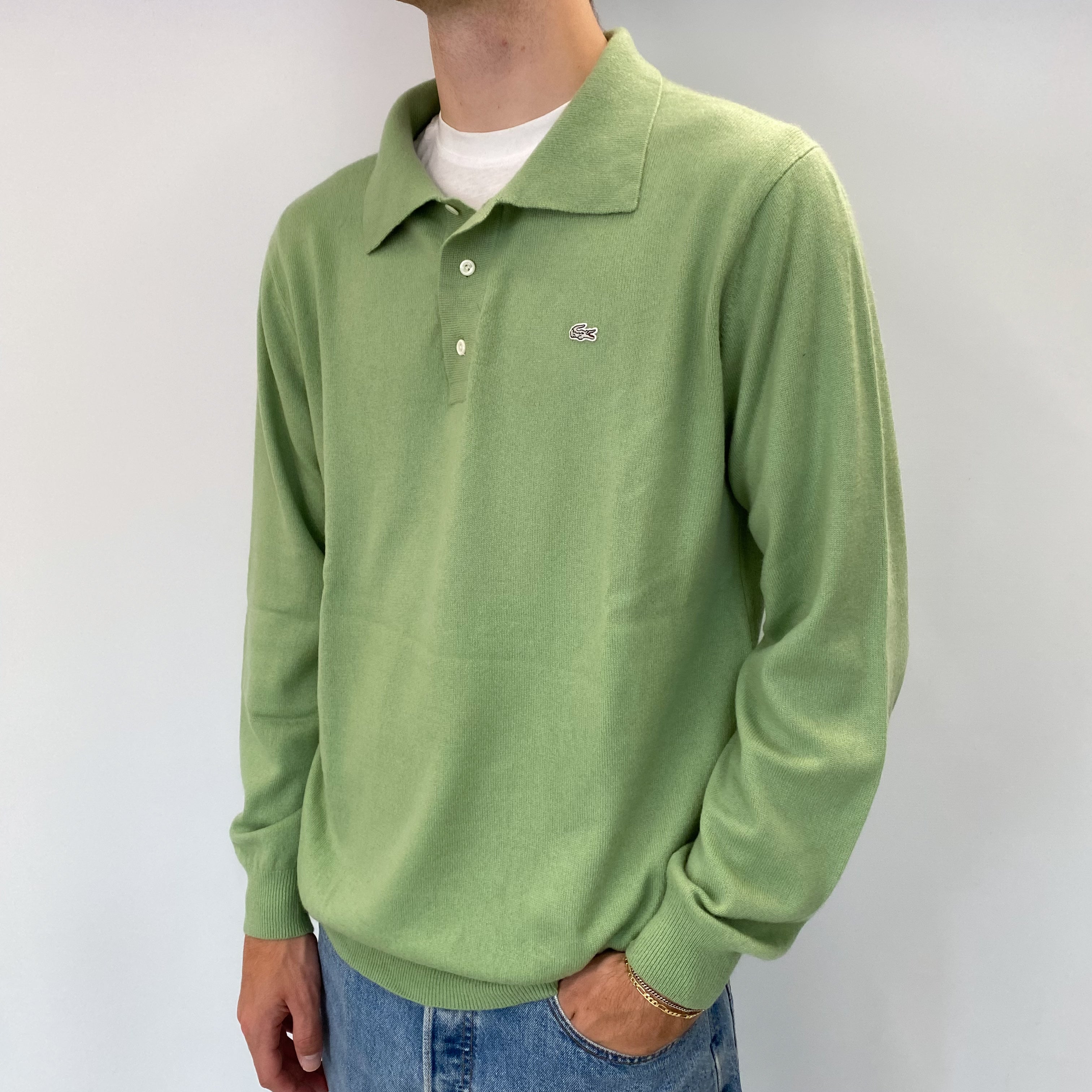 Men's Lacoste Pickle Green Cashmere Quarter Button Jumper Large