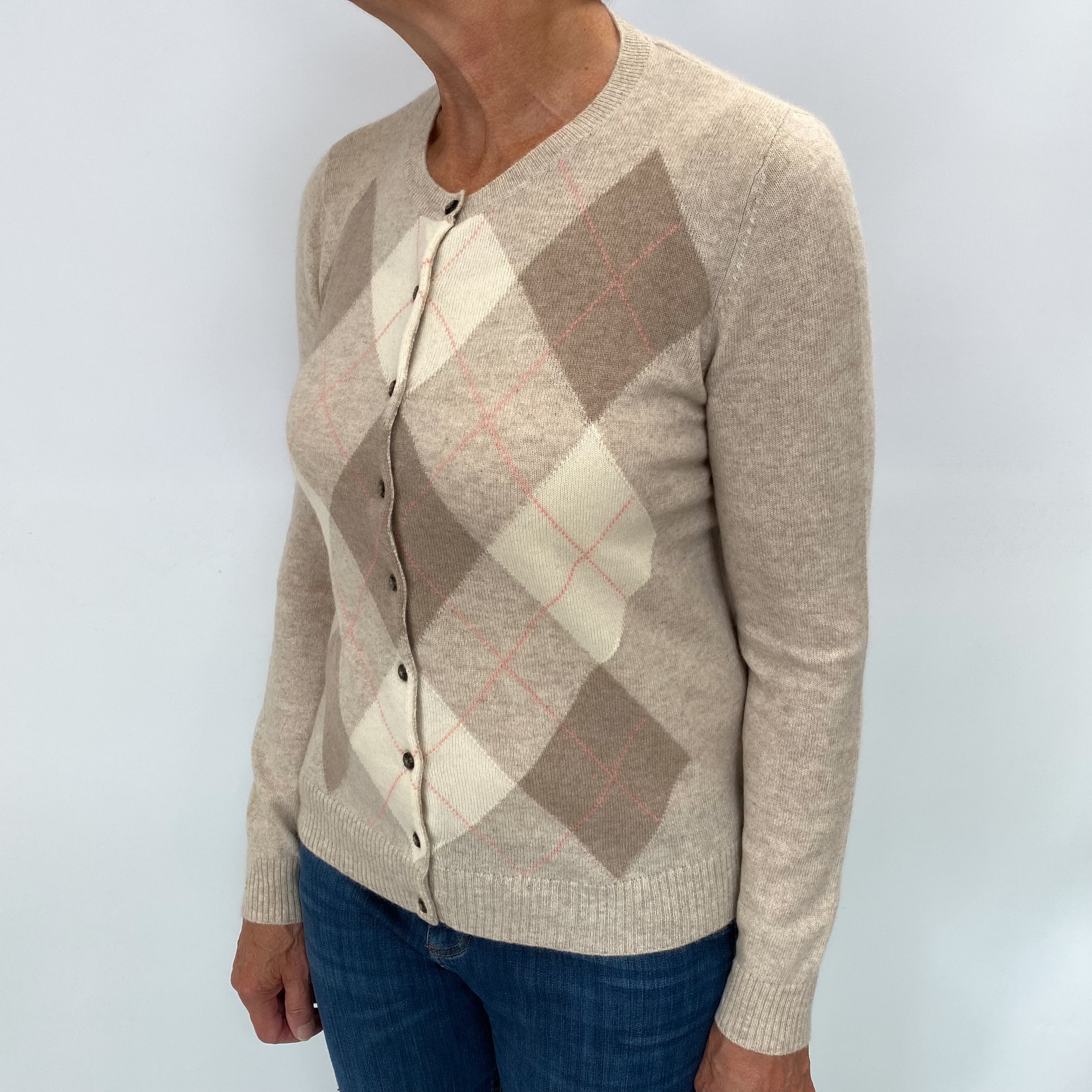 Oatmeal Beige Argyle Cashmere Cardigan Medium