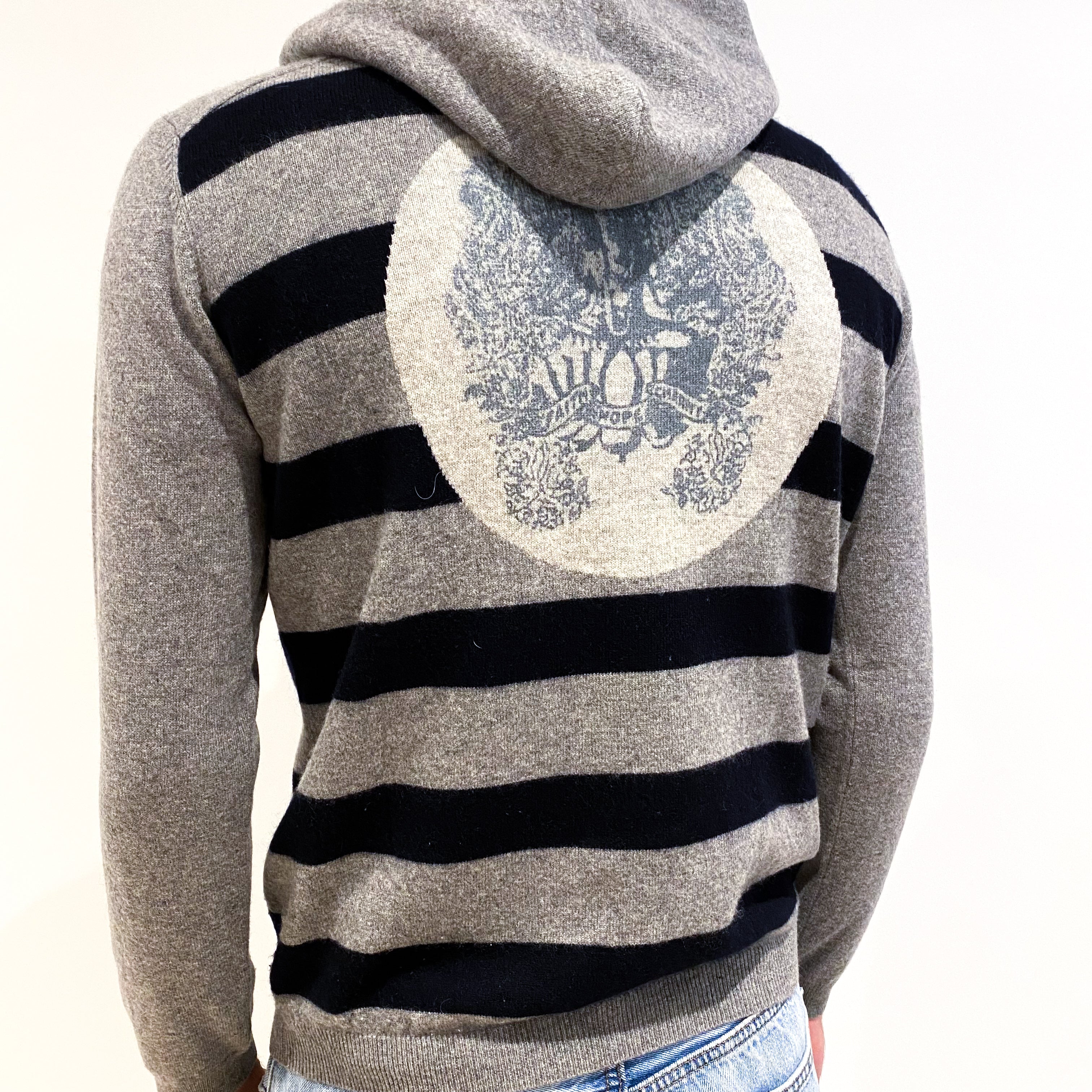 Men's Grey Navy Stripe Motif Cashmere 1/4 Button Hoodie Medium