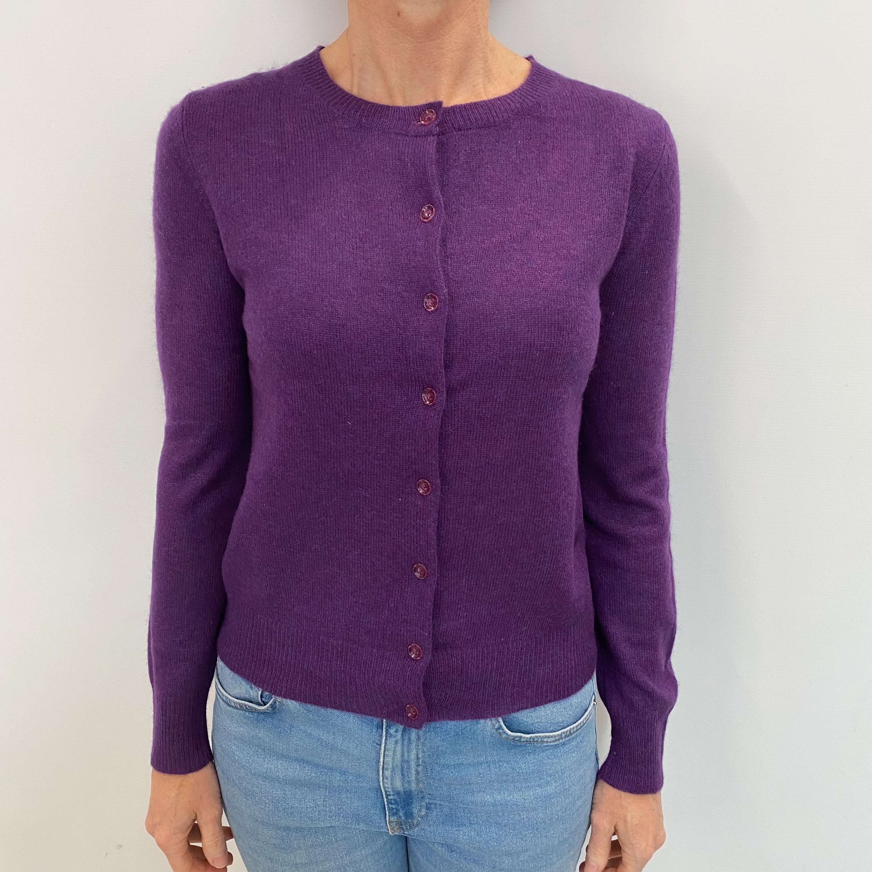 Pansy Purple Cashmere Crew Neck Cardigan Small