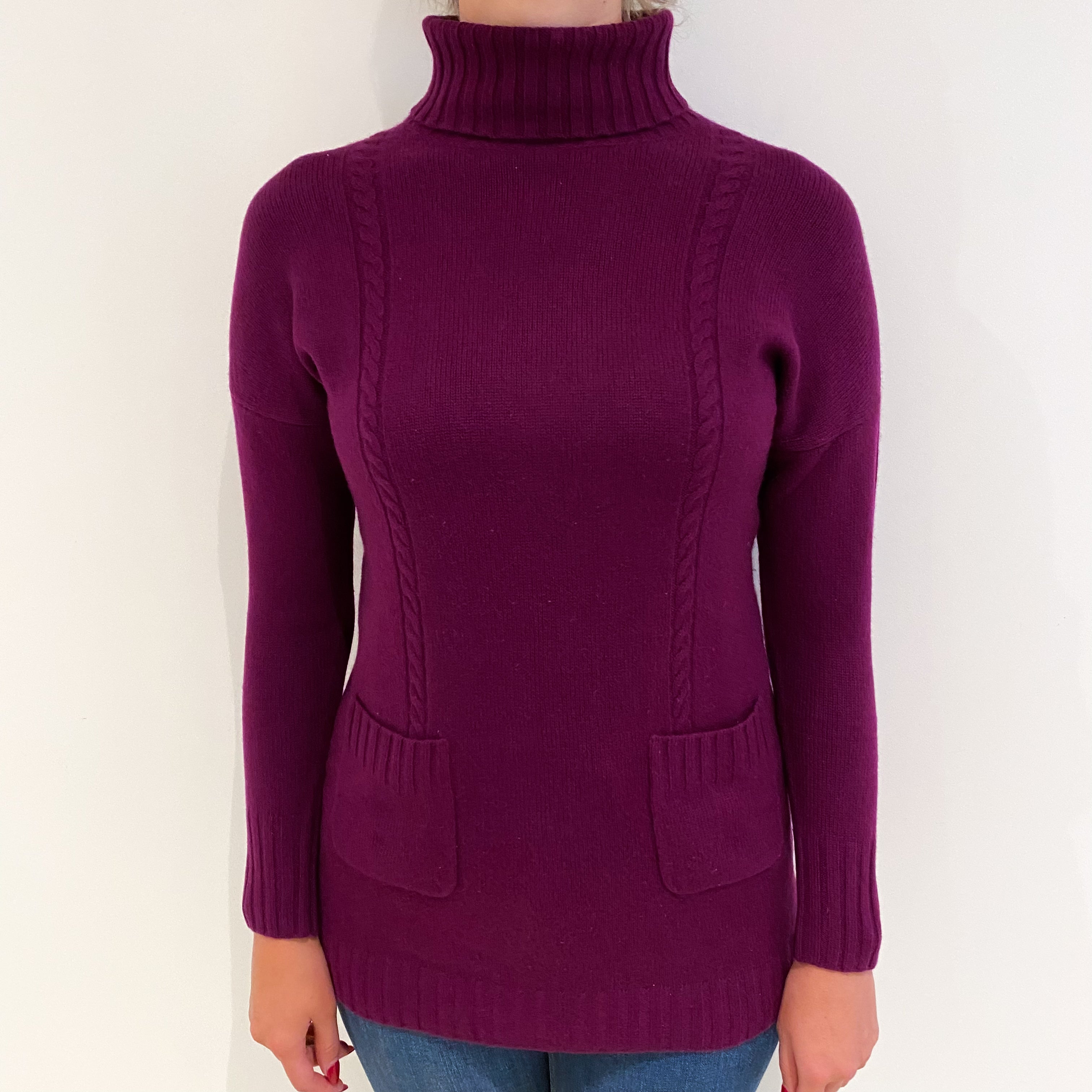 Plum Purple Cashmere Longline Polo Neck Jumper with Pockets Small