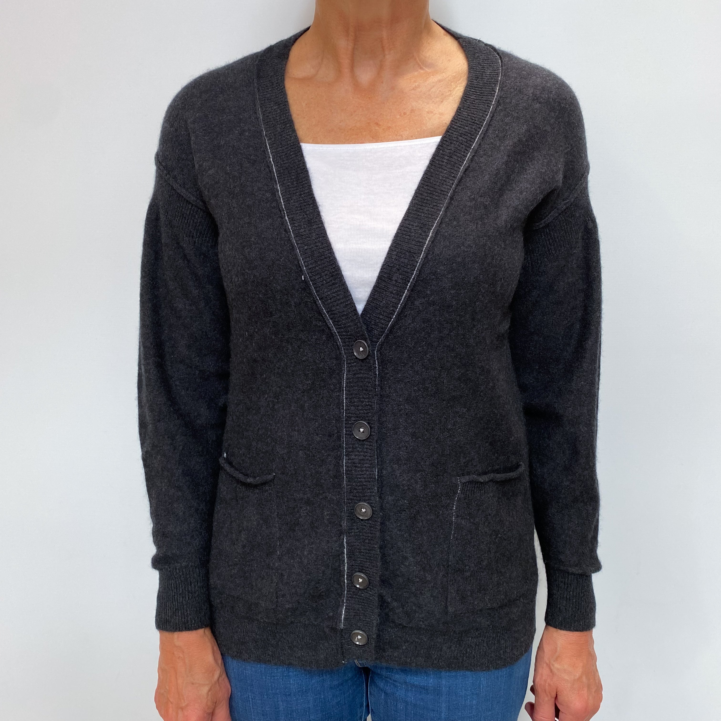 Charcoal Grey Cashmere V Neck Cardigan Medium