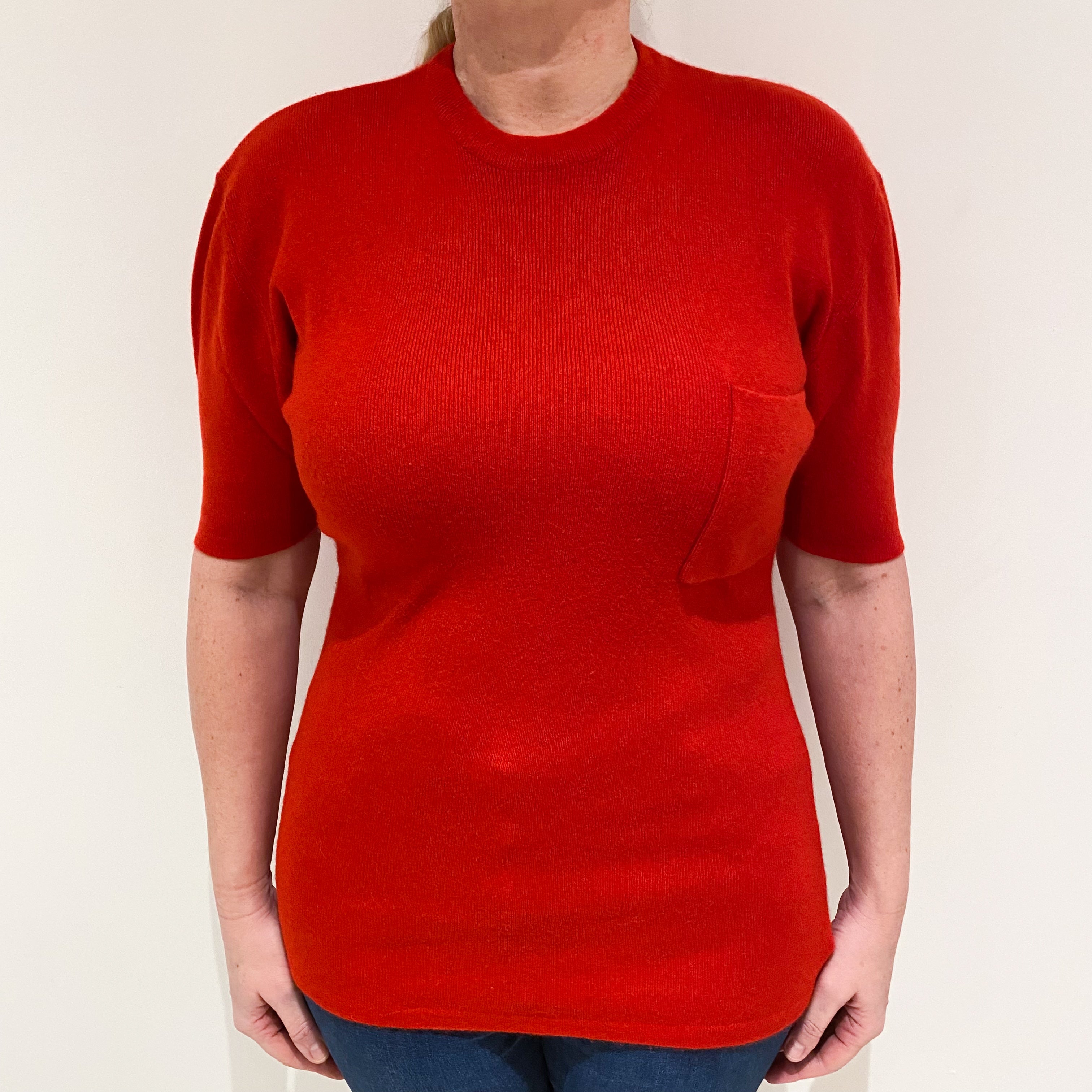 Vintage Spanish Red Cashmere Short Sleeve Crew Neck Jumper Large