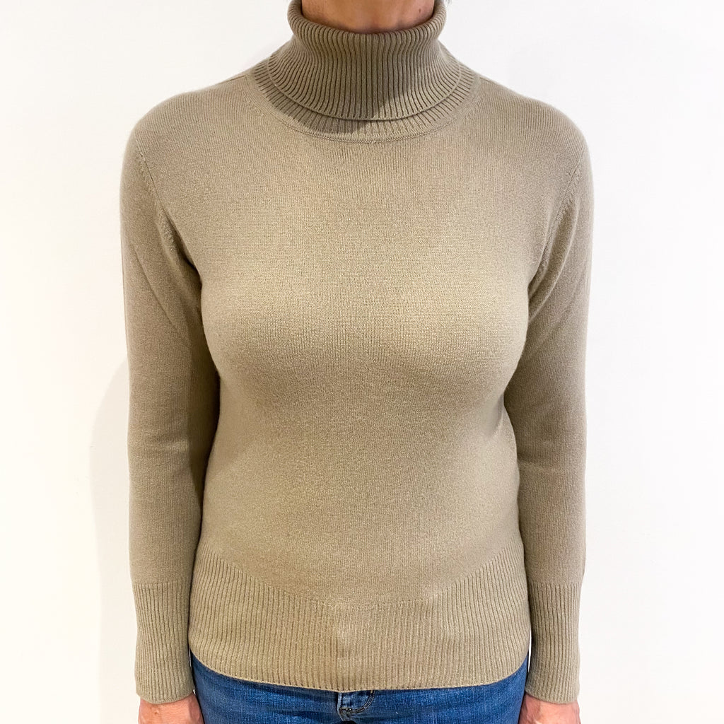 Fawn Beige Cashmere Polo Neck Jumper Medium