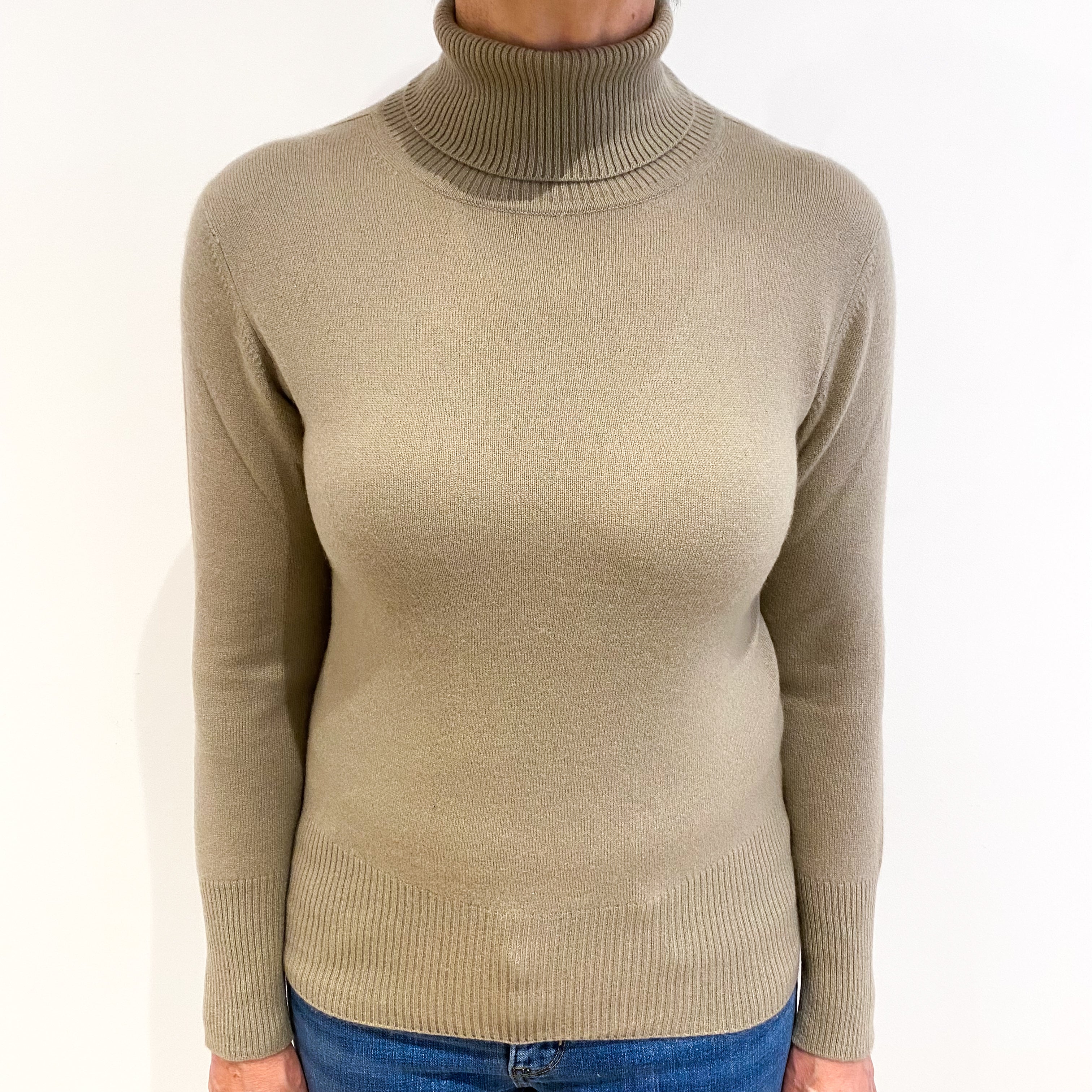 Fawn Beige Cashmere Polo Neck Jumper Medium