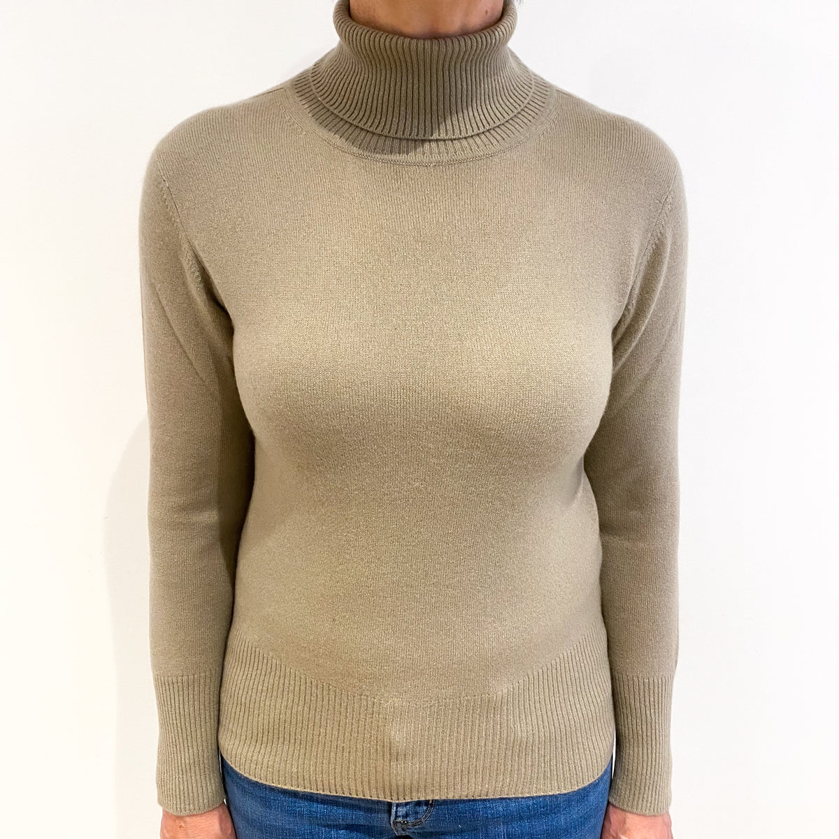 Fawn Beige Cashmere Polo Neck Jumper Medium
