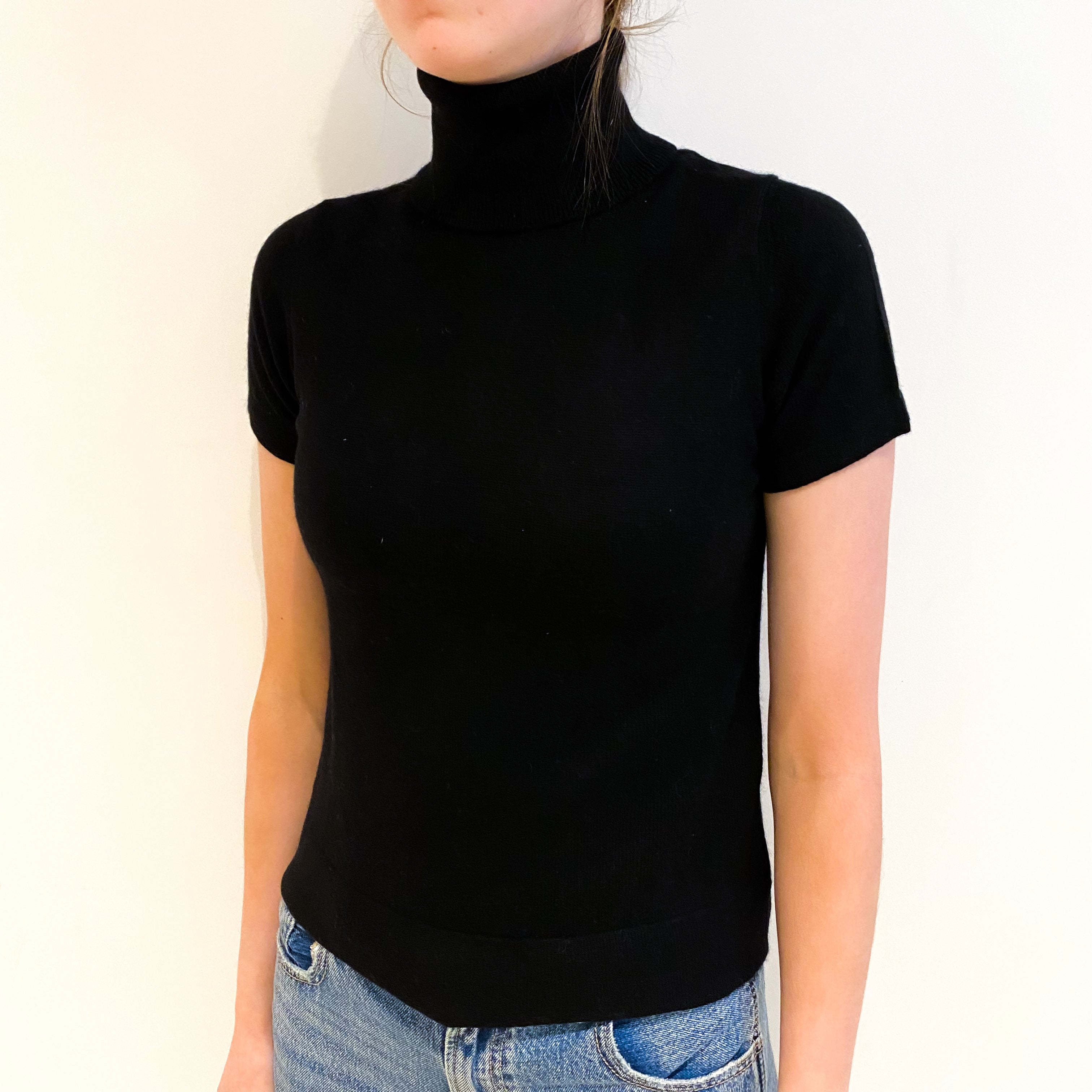Black Cashmere Polo Neck Short Sleeved Jumper Extra Small