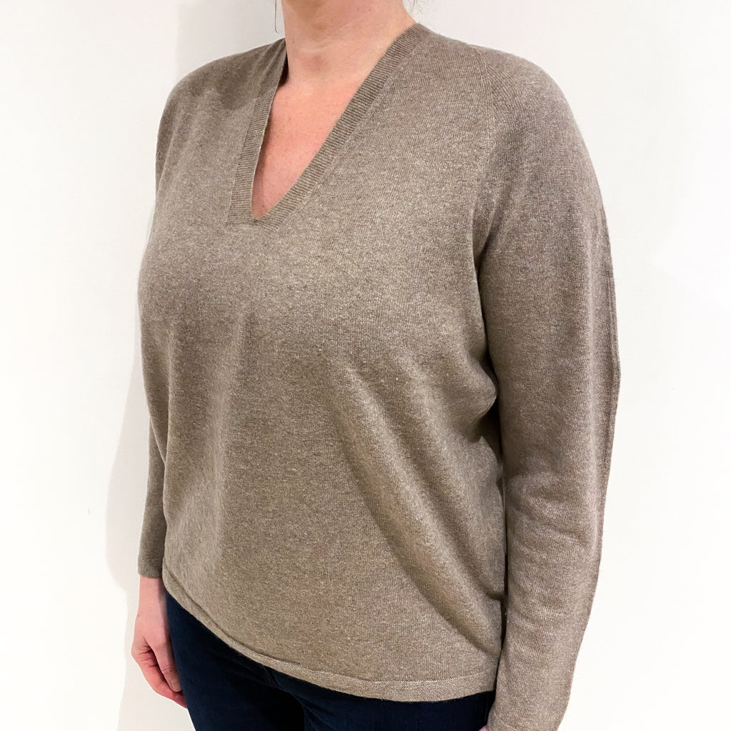 Taupe Brown Cashmere V Neck Jumper Large
