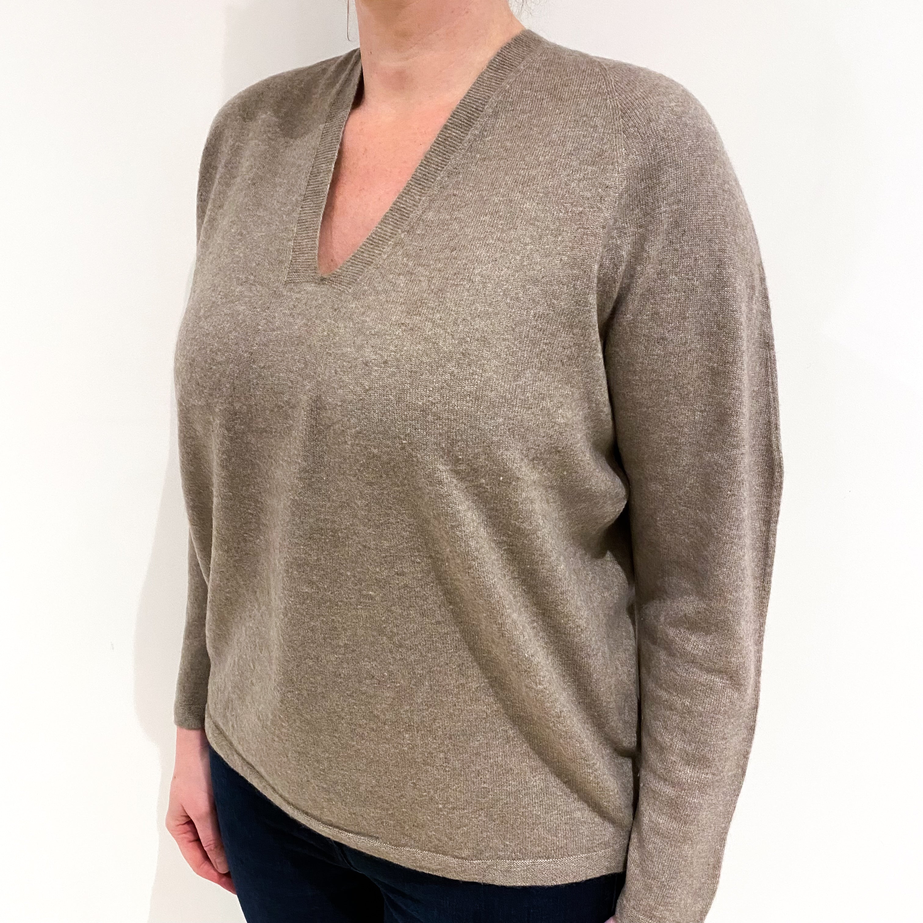 Taupe Brown Cashmere V Neck Jumper Large
