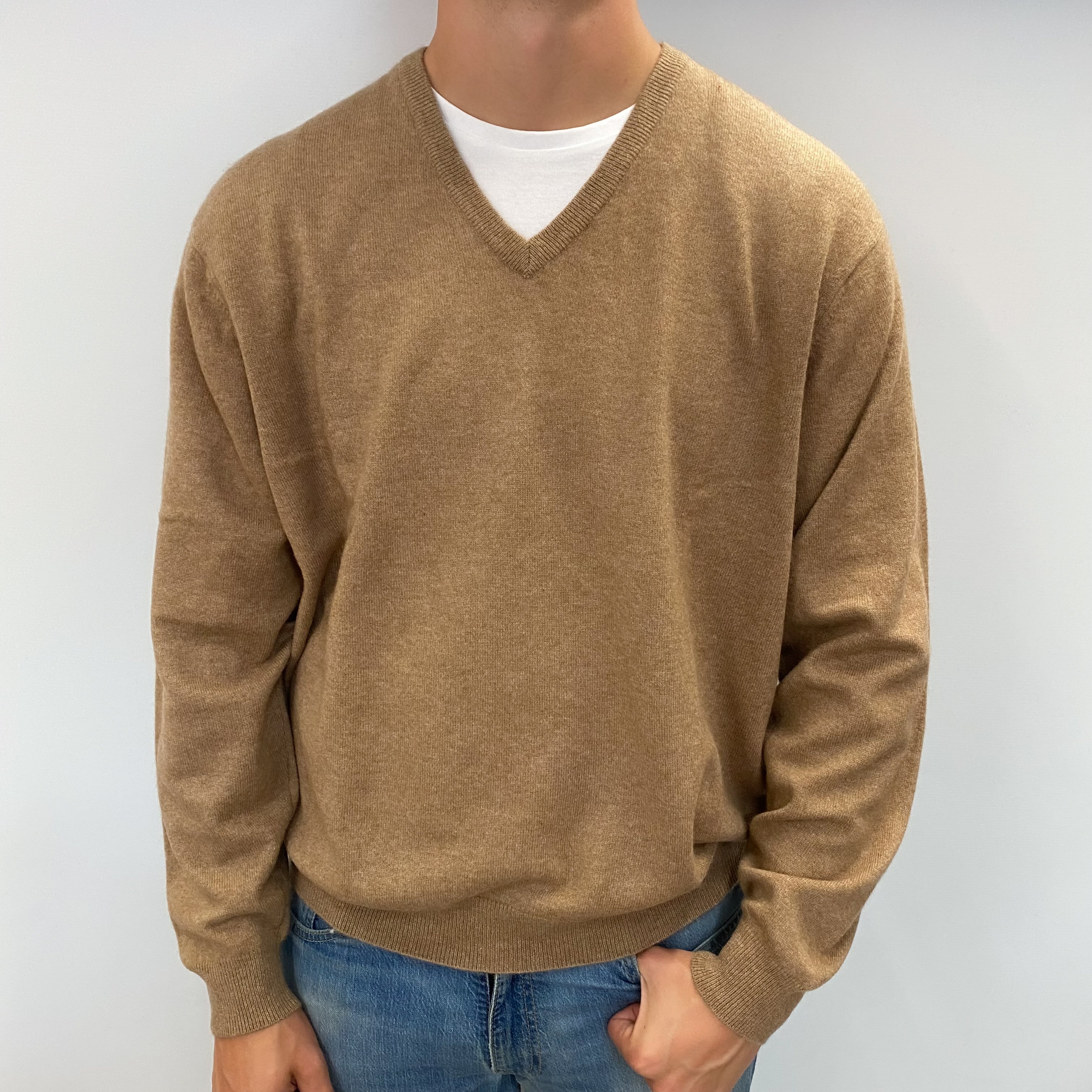 Men's Caramel Brown Cashmere V Neck Jumper XXL