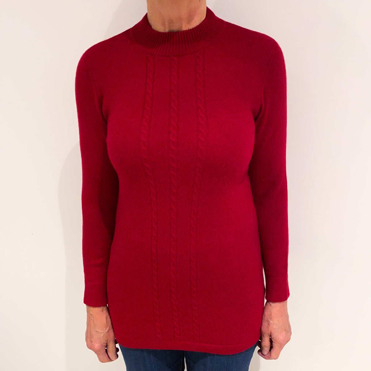 Crimson Red Cable Detail Cashmere Turtle Neck Jumper Medium
