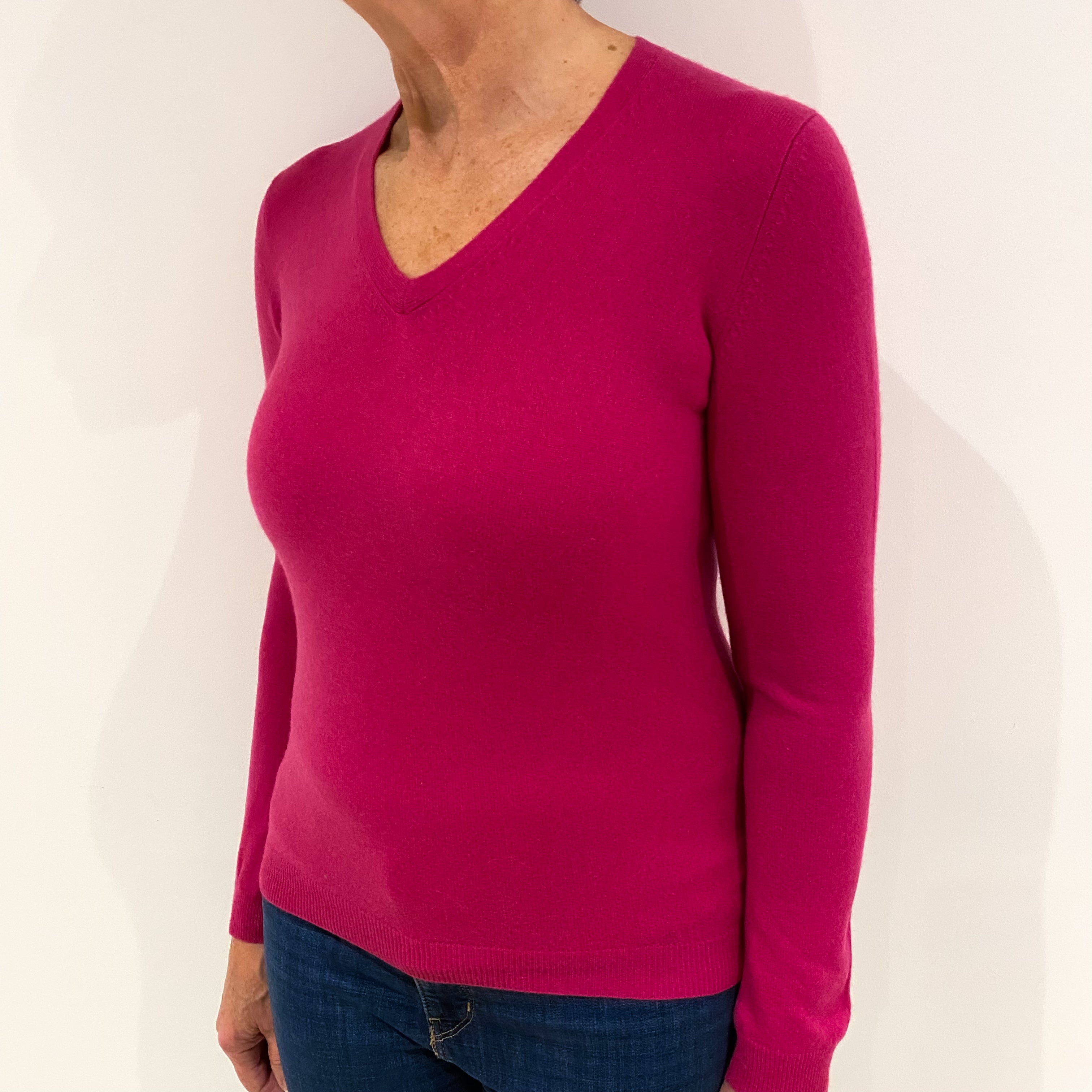 Fuchsia Pink Cashmere V Neck Jumper Medium