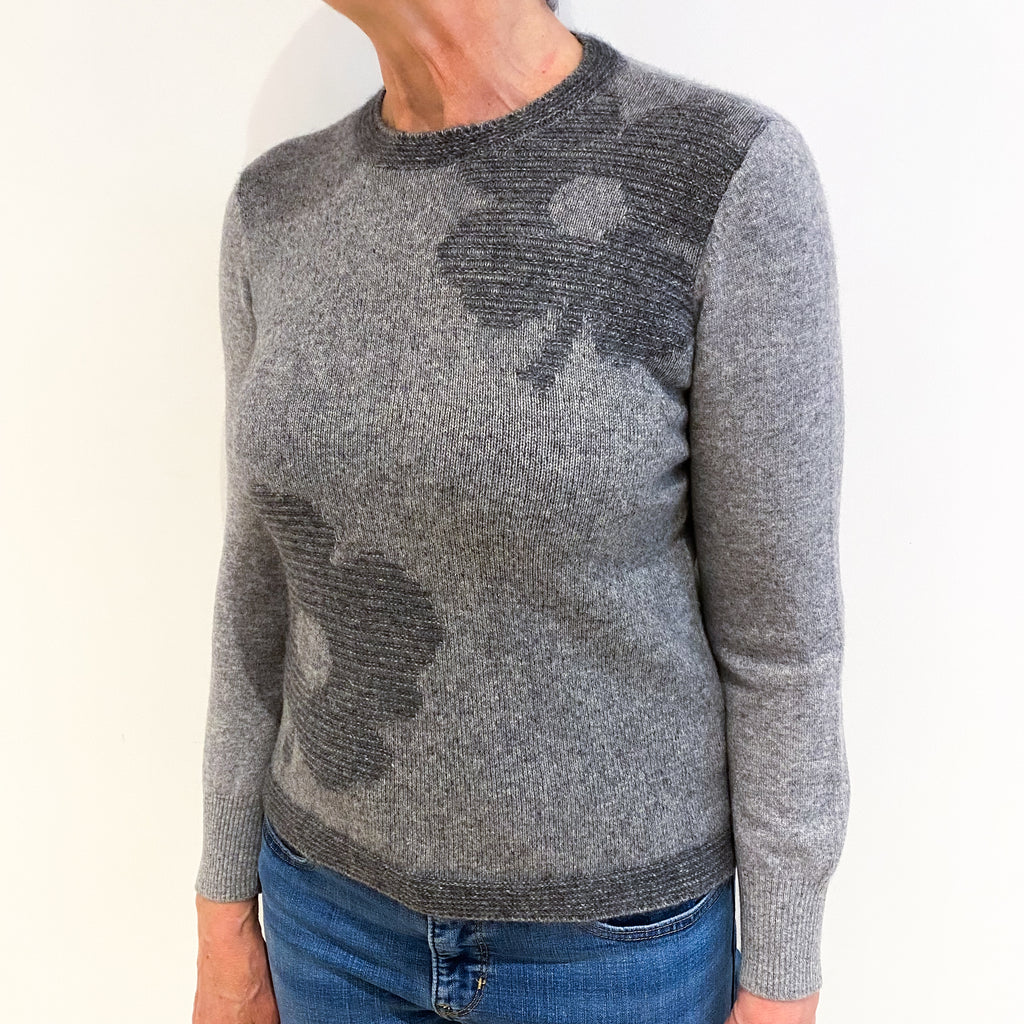 Ash Grey With Flower Print Cashmere Crew Neck Jumper Medium