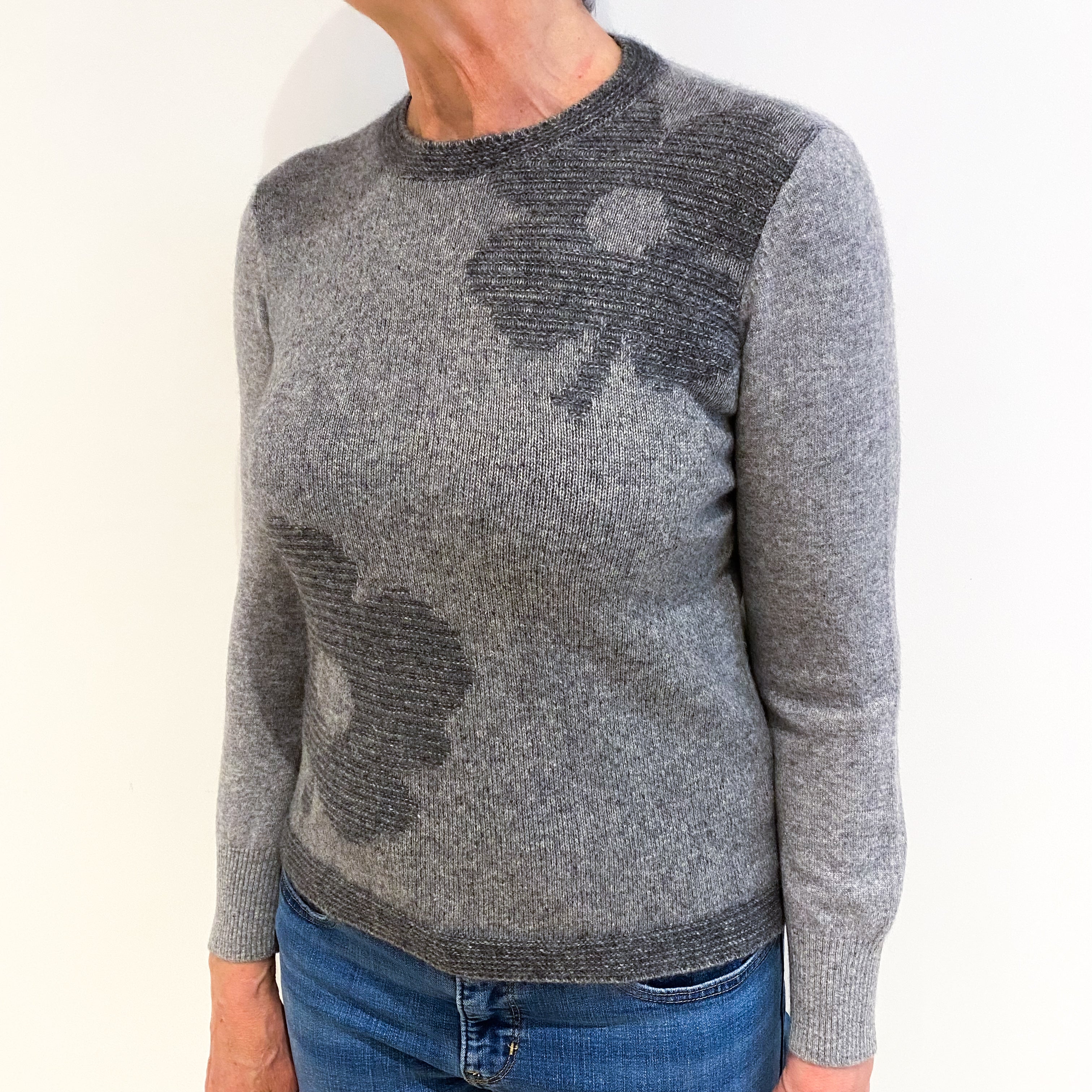 Ash Grey With Flower Print Cashmere Crew Neck Jumper Medium