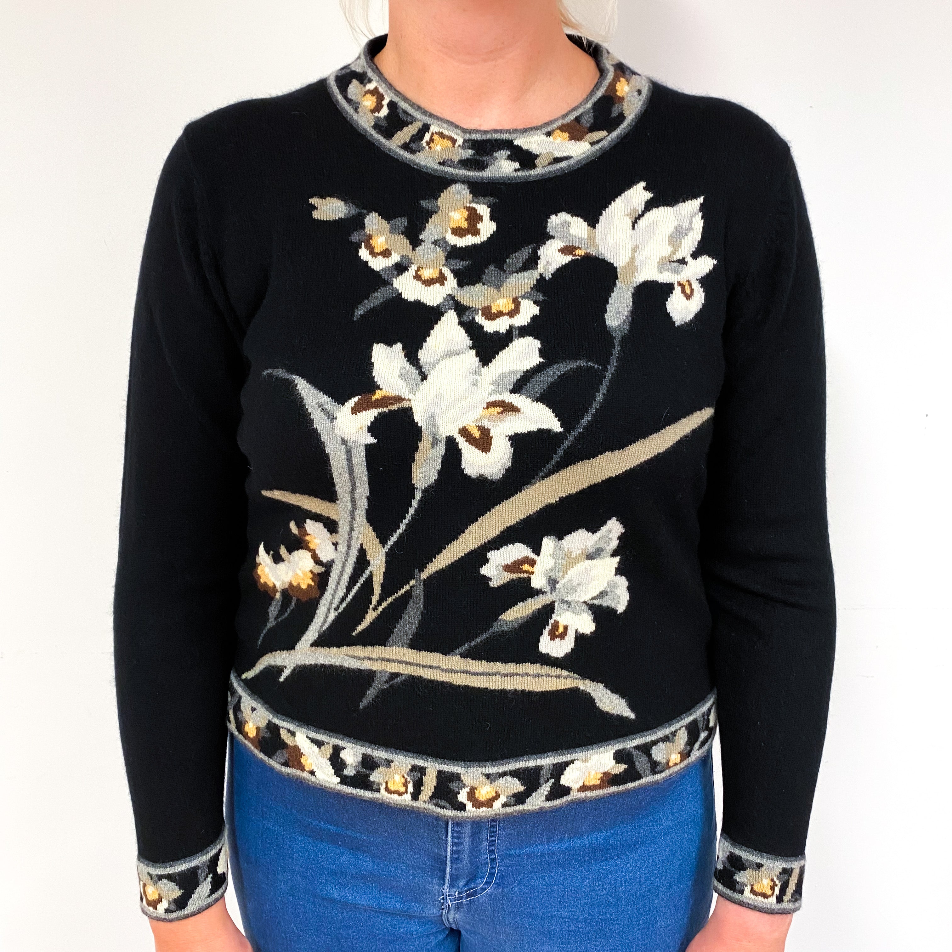 Vintage Black Grey Floral Cashmere Crew Neck Jumper Large