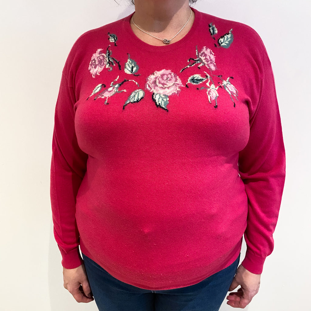 Vintage Rose Pink Pattern Cashmere Crew Neck Jumper Extra Large