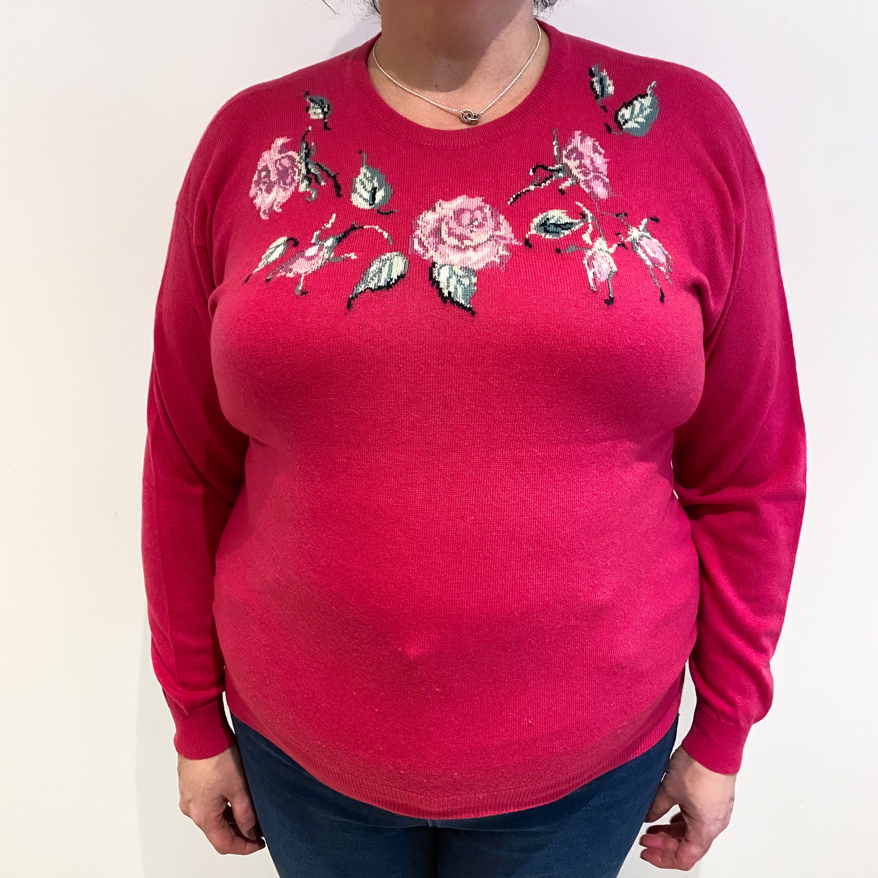 Vintage Rose Pink Pattern Cashmere Crew Neck Jumper Extra Large