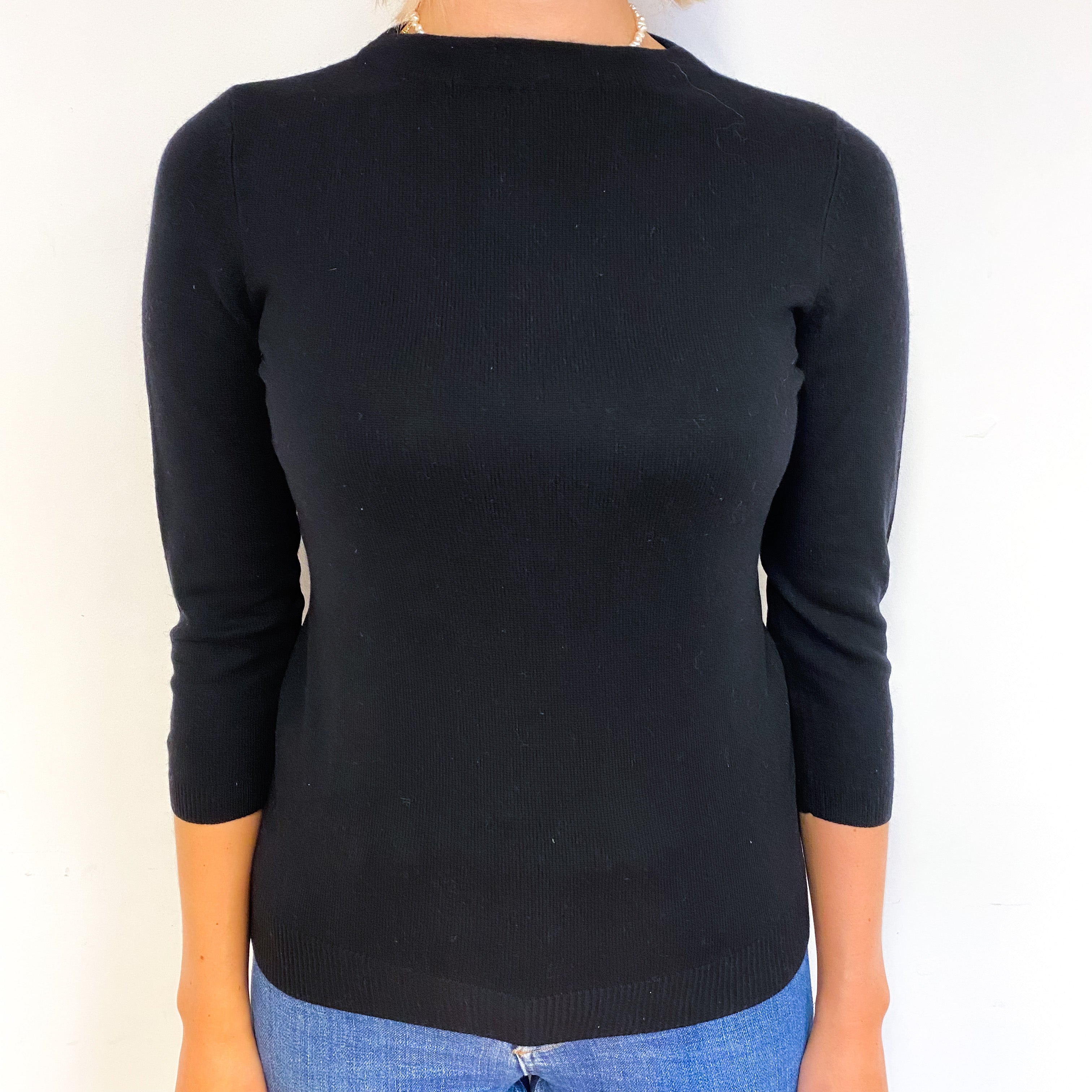 Black 3/4 Sleeve Cashmere Crew Neck Jumper Small