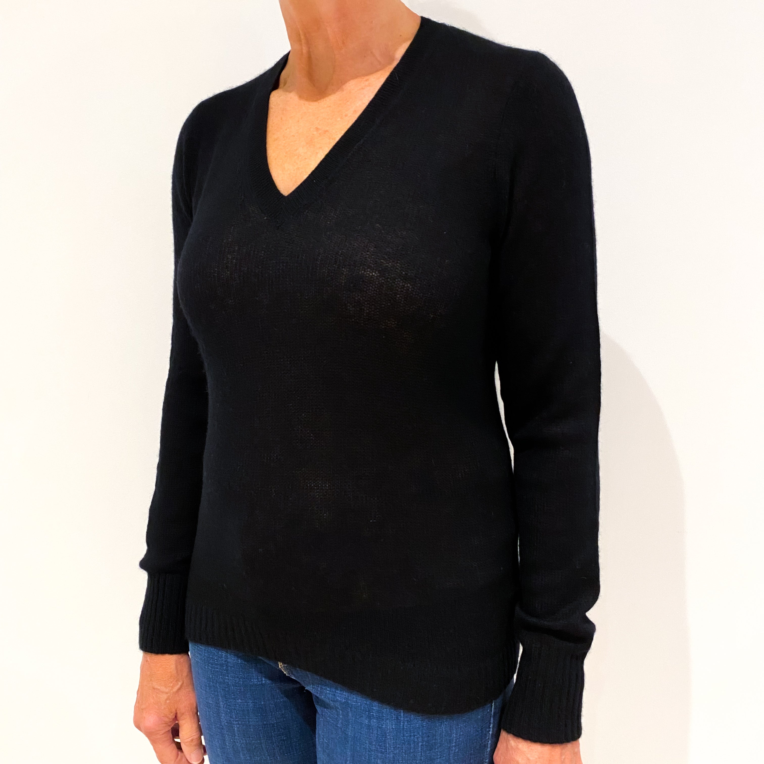 The White Company Black Cashmere V-Neck Jumper Medium