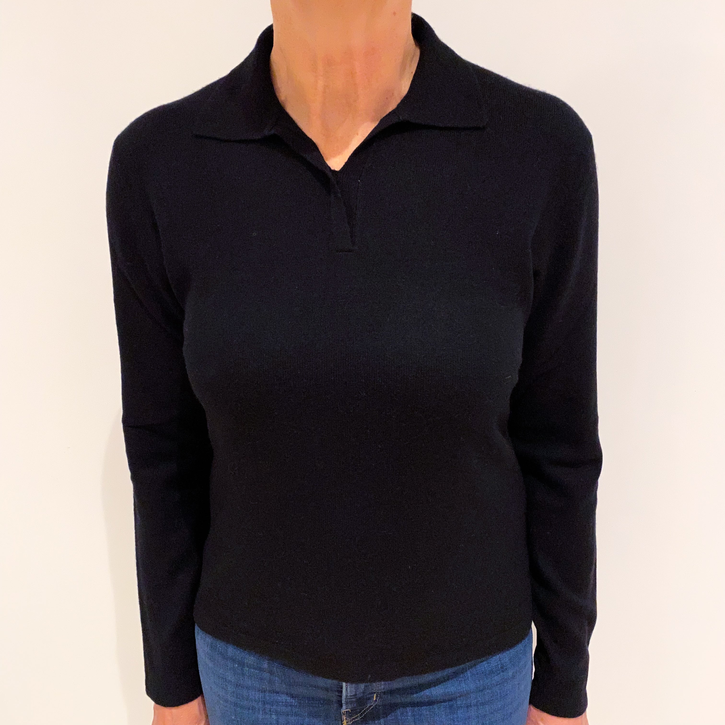 Black Collared Cashmere V Neck Jumper Medium