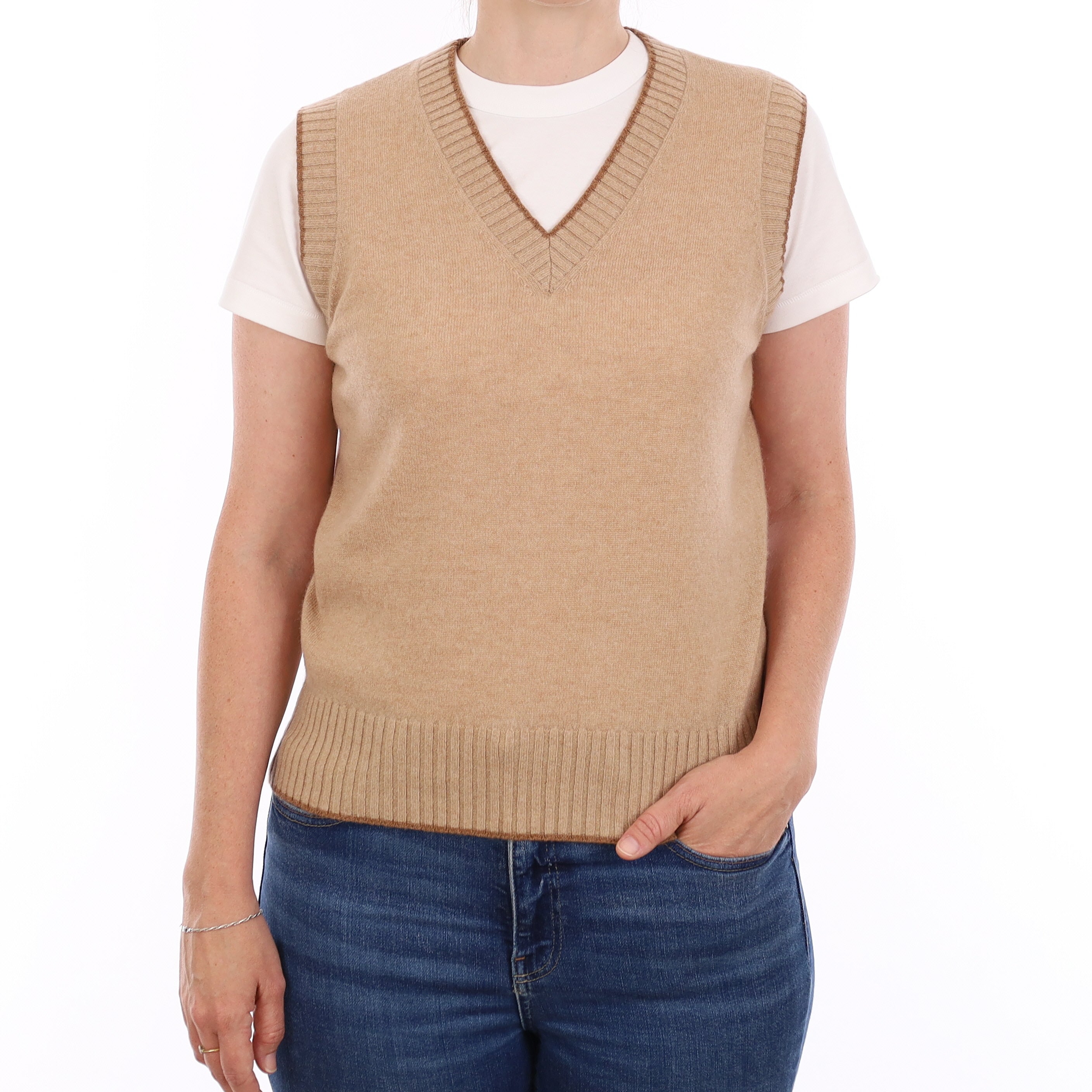 Brand New Caramel and Harvest Luxury Cashmere V Neck Tank Top Small UK 8-10