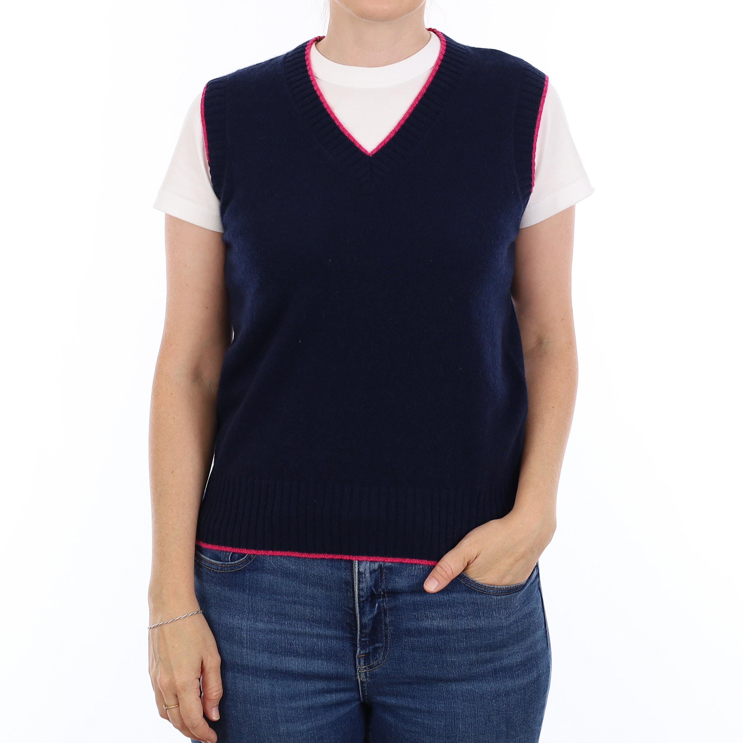 Brand New Navy and Hot Pink Luxury Cashmere V Neck Tank Top Small UK 8-10