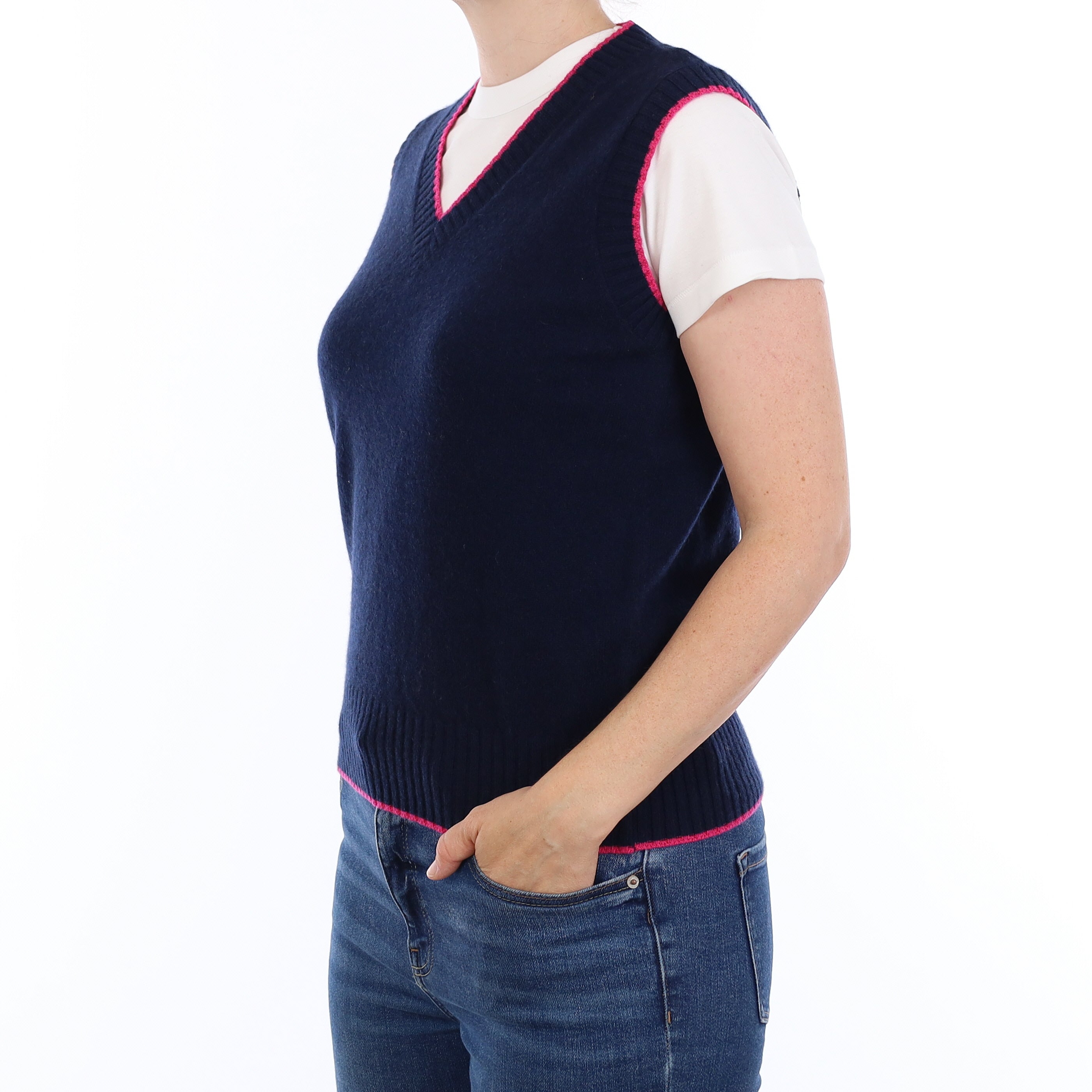 Brand New Navy and Hot Pink Luxury Cashmere V Neck Tank Top Small UK 8-10