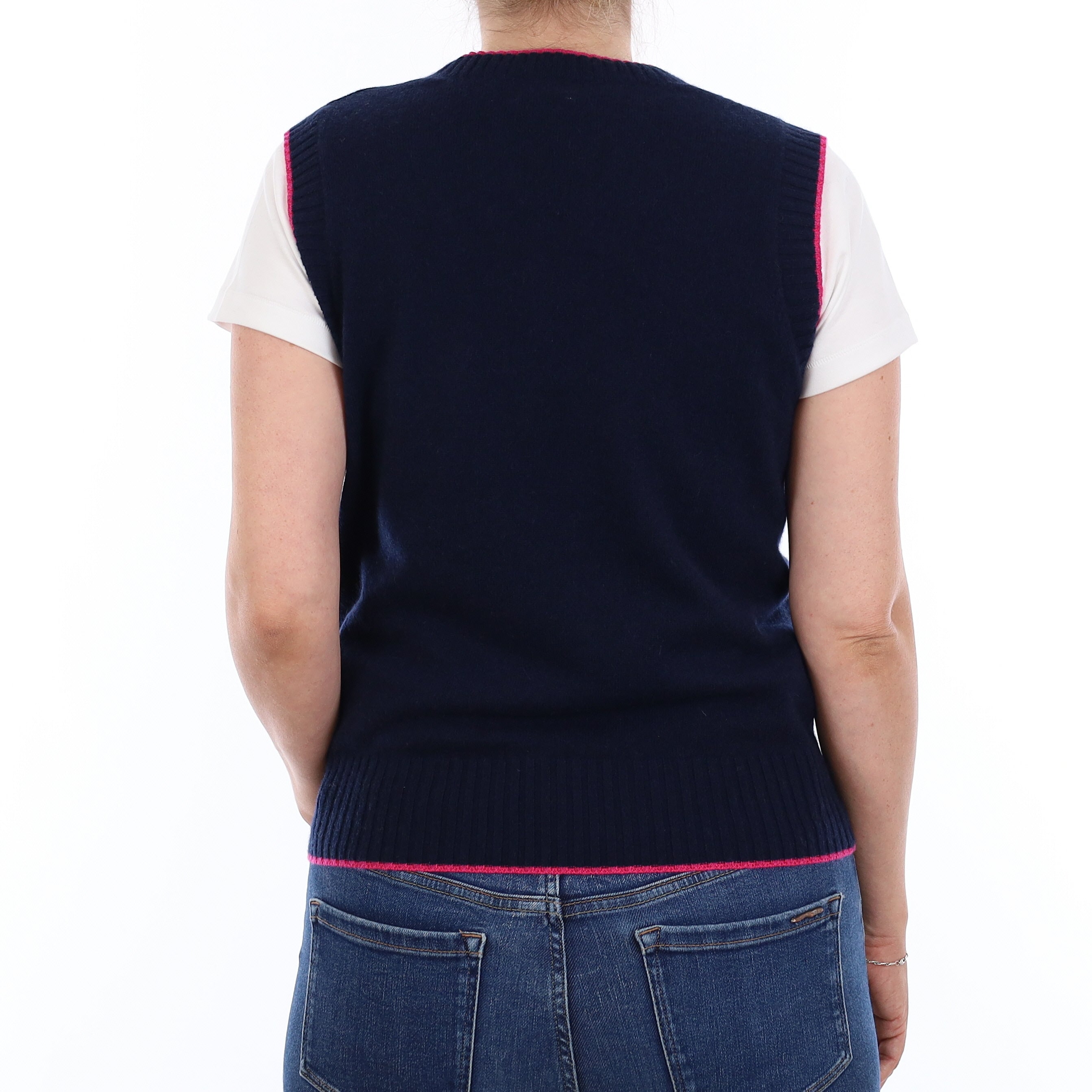 Brand New Navy and Hot Pink Luxury Cashmere V Neck Tank Top Small UK 8-10