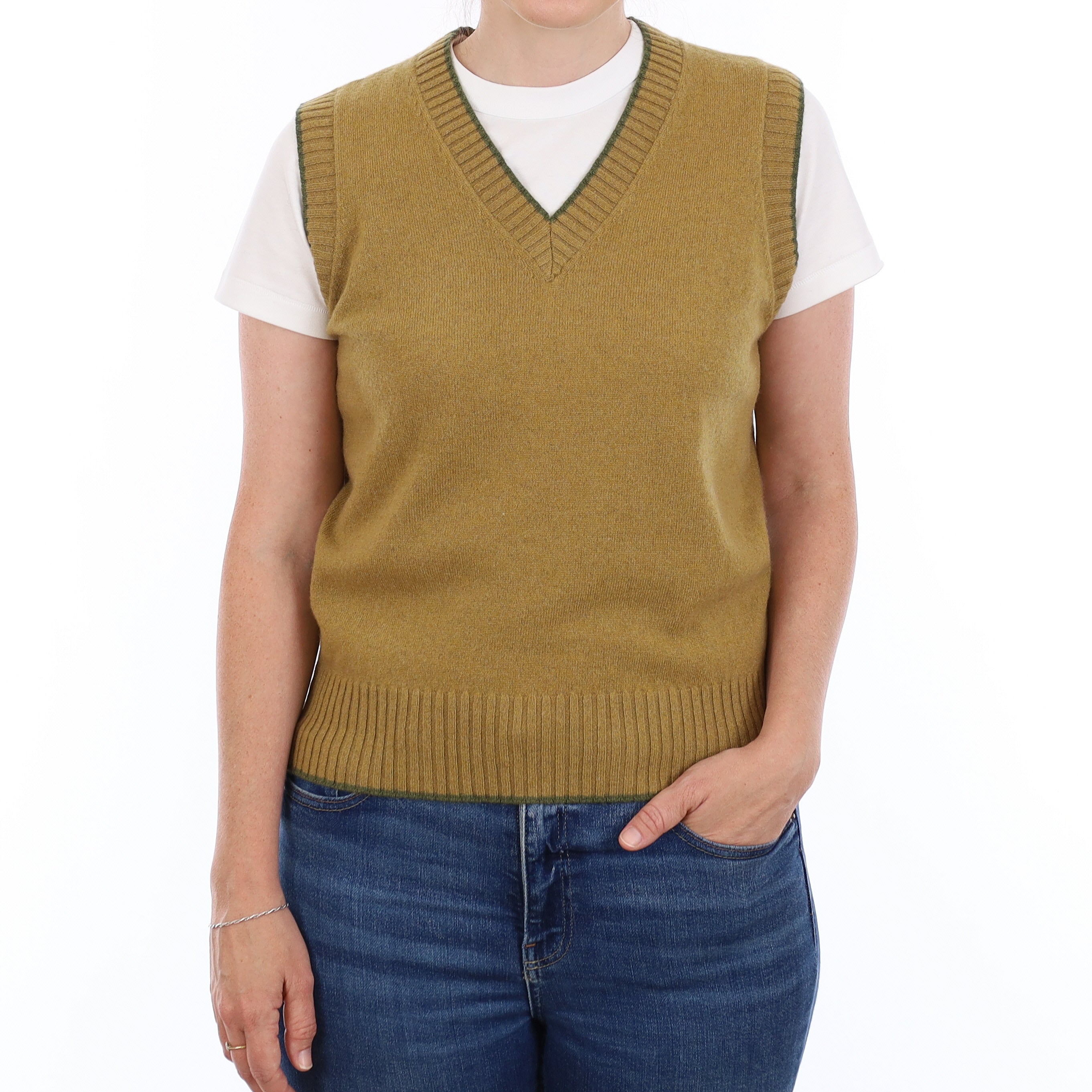 Brand New Mustard Gold and Olive Luxury Cashmere V Neck Tank Top Small UK 8-10