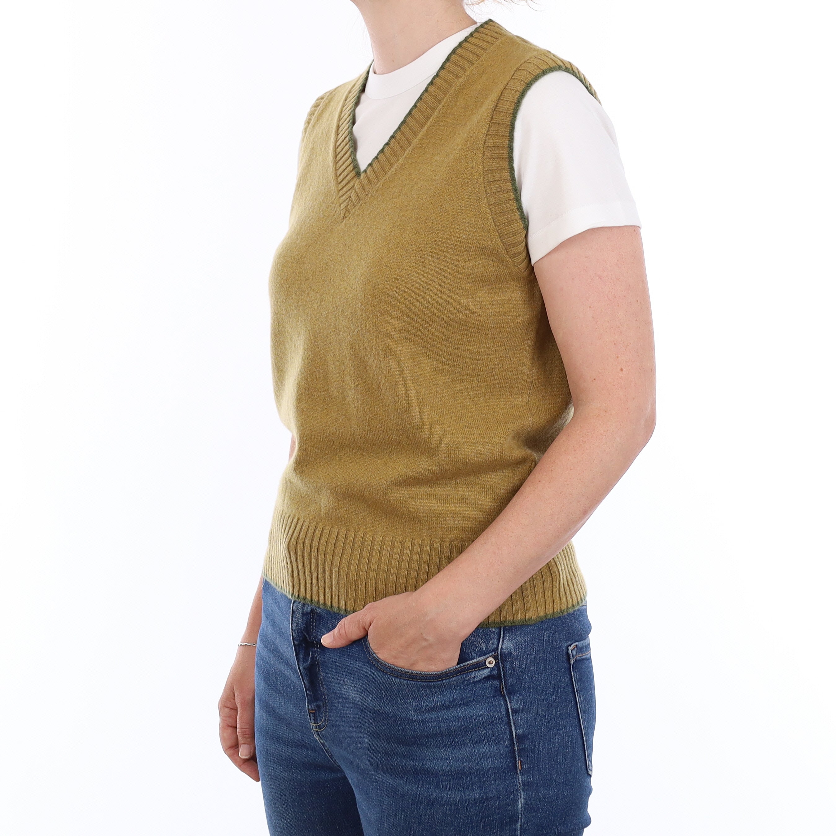 Brand New Mustard Gold and Olive Luxury Cashmere V Neck Tank Top Small UK 8-10