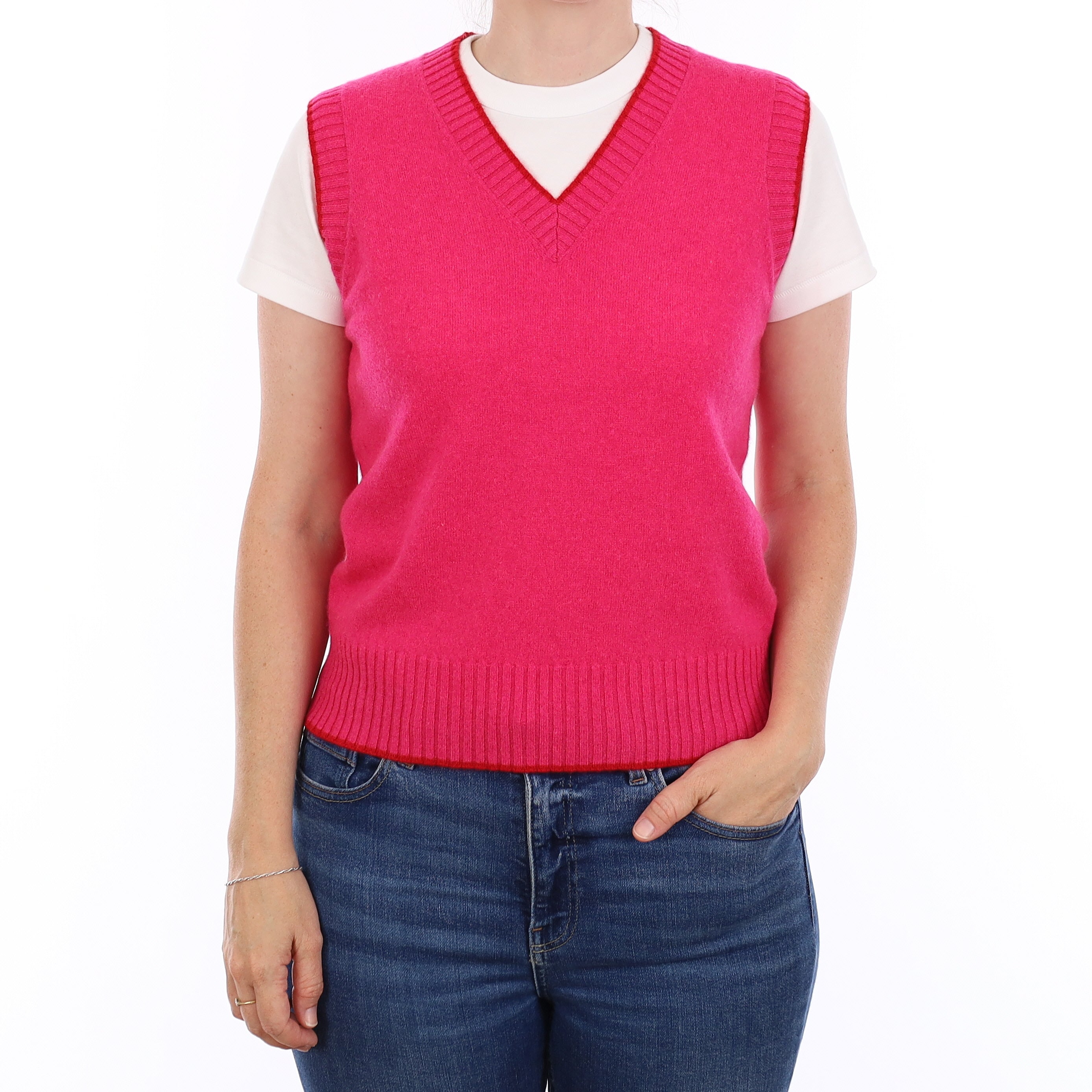 Brand New Hot Pink and Red Luxury Cashmere V Neck Tank Top Small UK 8-10