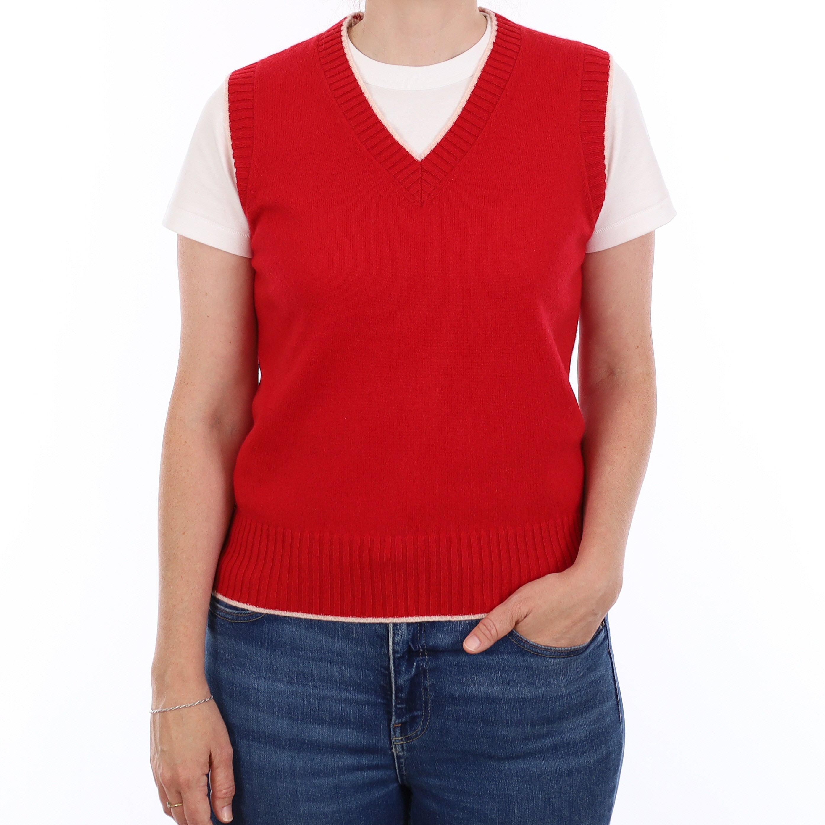 Brand New Post Box Red and Chalk Luxury Cashmere V Neck Tank Top Small UK 8-10