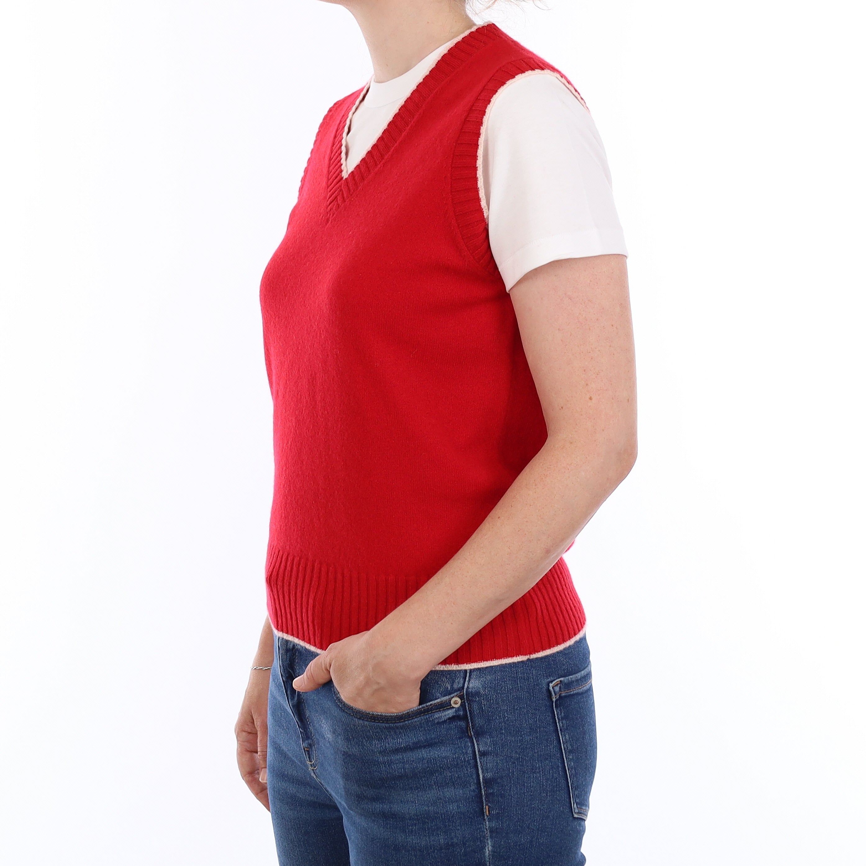 Brand New Post Box Red and Chalk Luxury Cashmere V Neck Tank Top Small UK 8-10